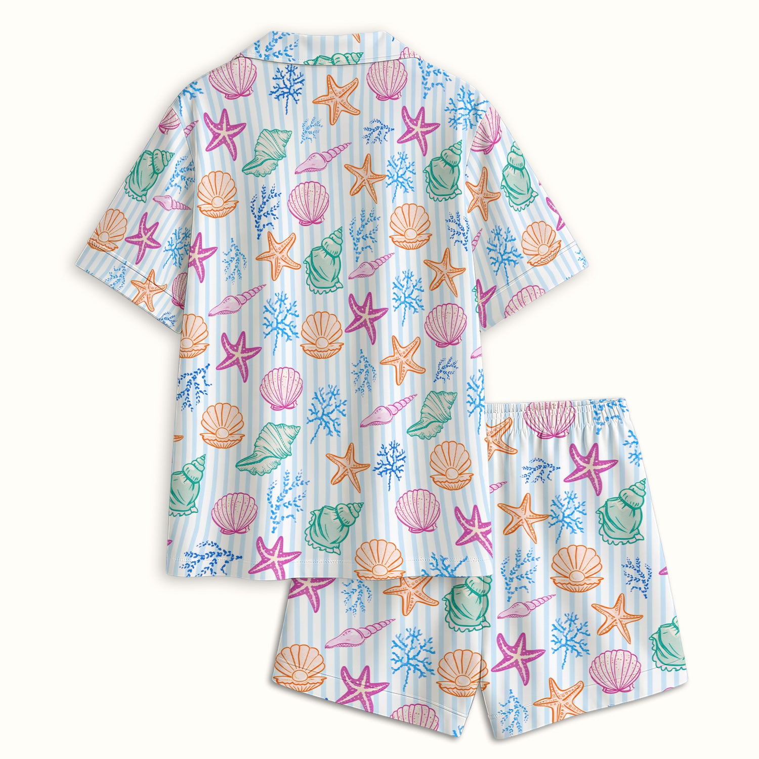 Colorful Seashell Starfish Ocean Stripe Pattern Pajama Set, Breathable Fabrics Uniform