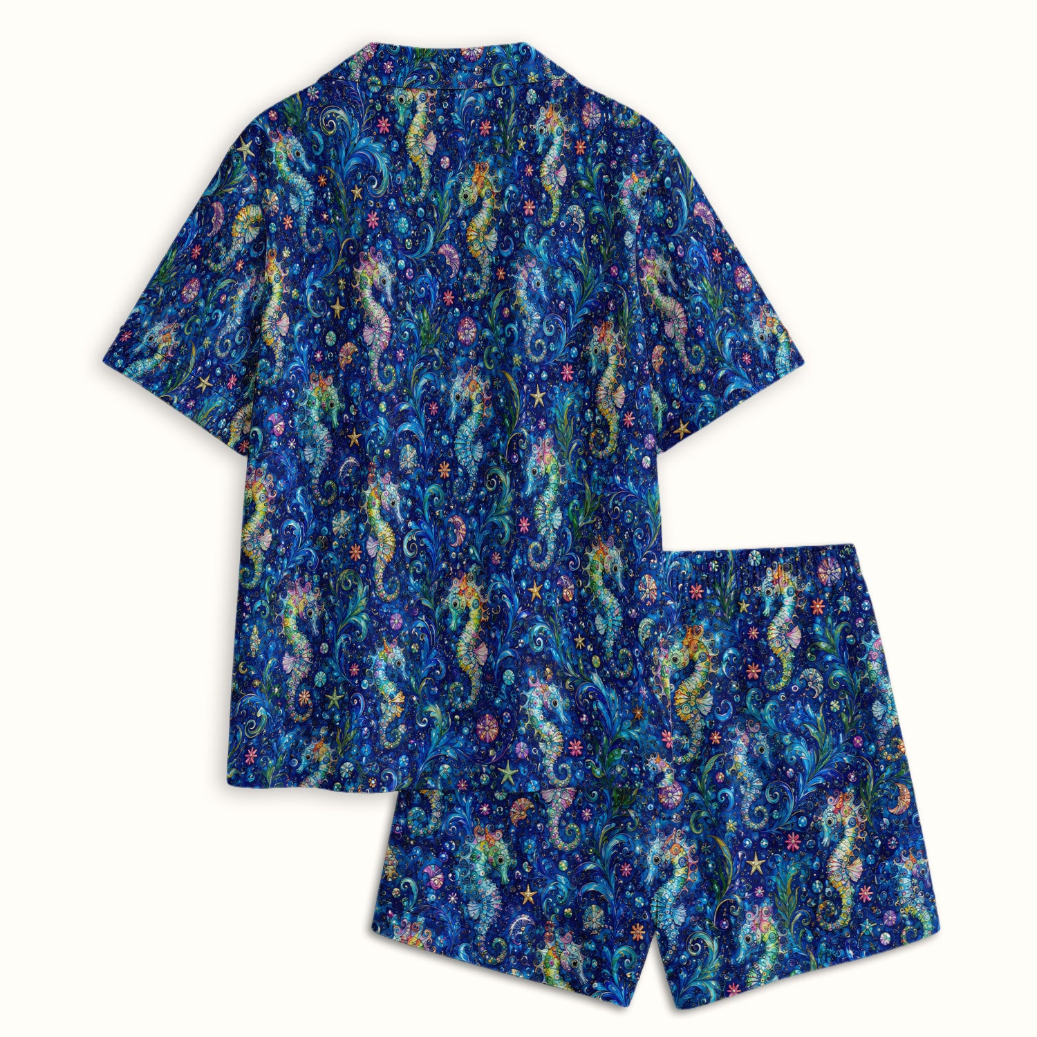 Vibrant Seahorse Ocean Swirl Pattern Pajama Set, Soft Breathable Fabric Comfortable Sleepwear