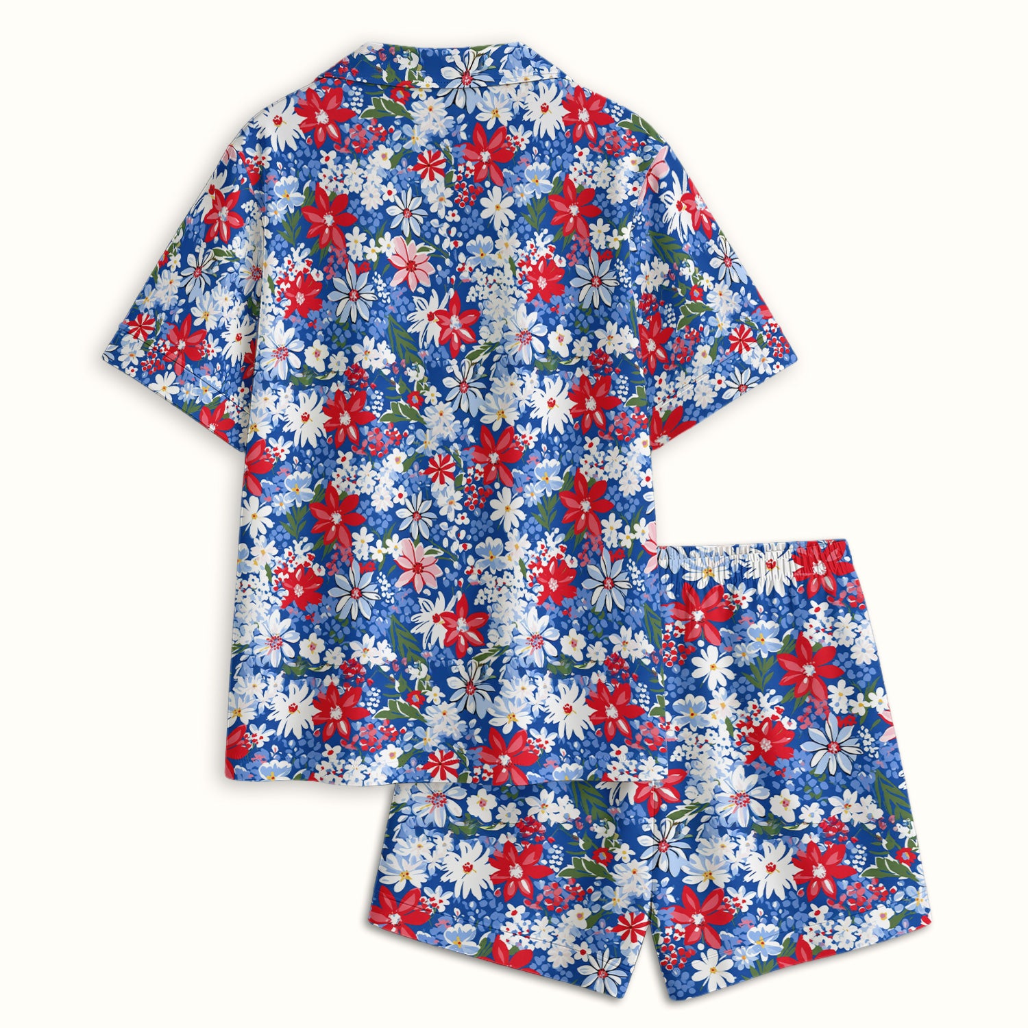 Patriotic Red White Blue Floral Garden Print Pajama Set, Soft Breathable Fabric Comfortable Sleepwear