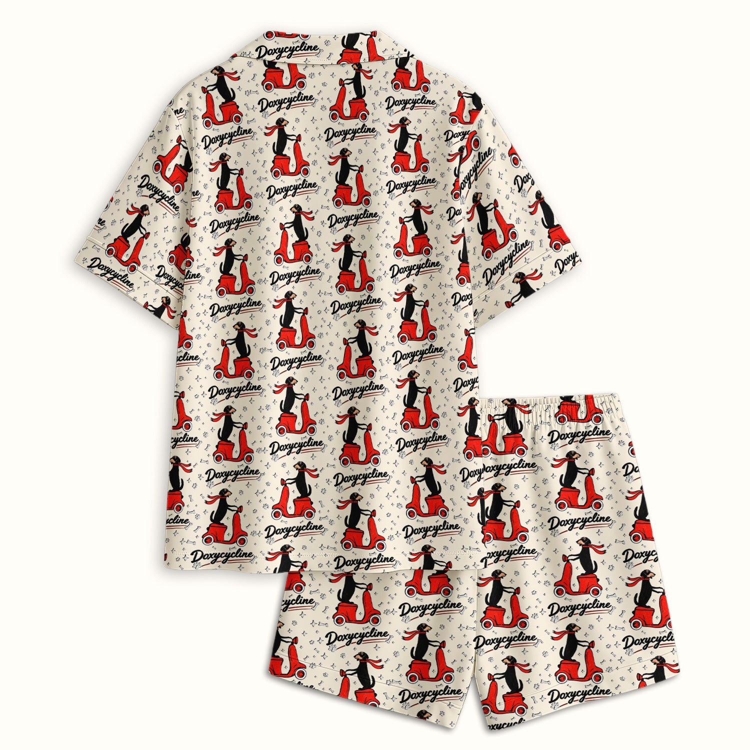 Funny Dachshund Riding Scooter Doxycycline Print Pajama Set, Breathable Fabrics Uniform