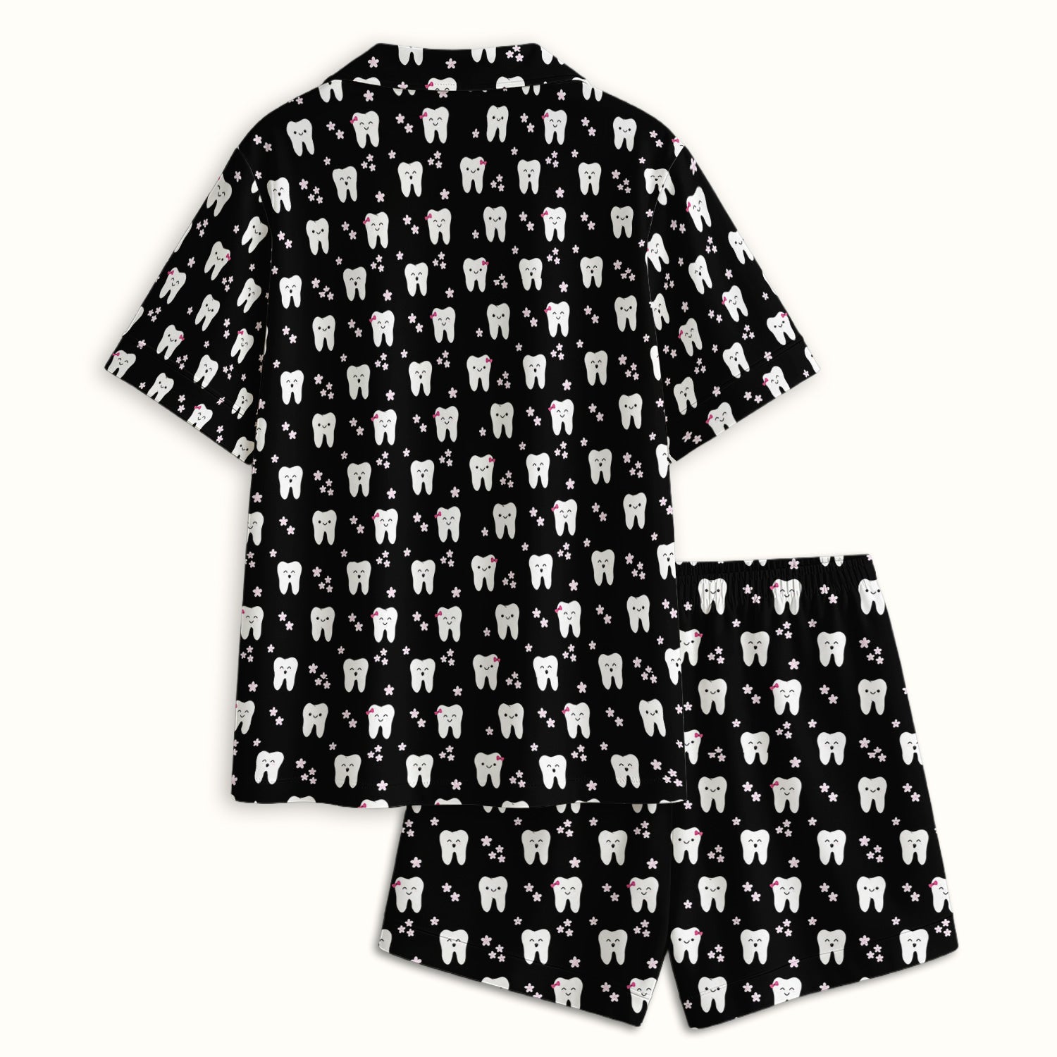 Cute Smiling Tooth And Flowers Pajama Set, Soft Breathable Fabric Comfortable Sleepwear