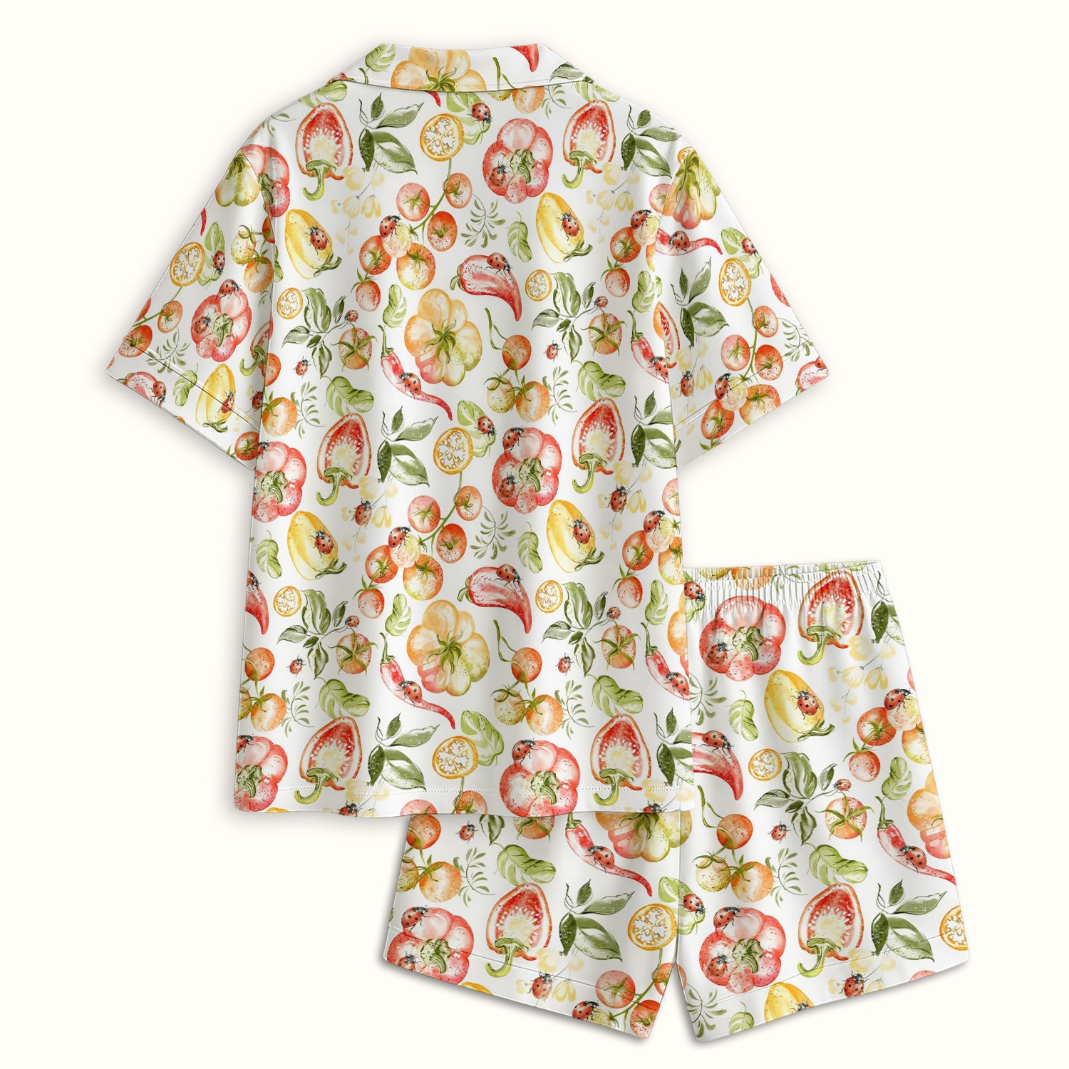 Cute Watercolor Veggie Ladybug Pattern Pajama Set, Soft Breathable Fabric Comfortable Sleepwear
