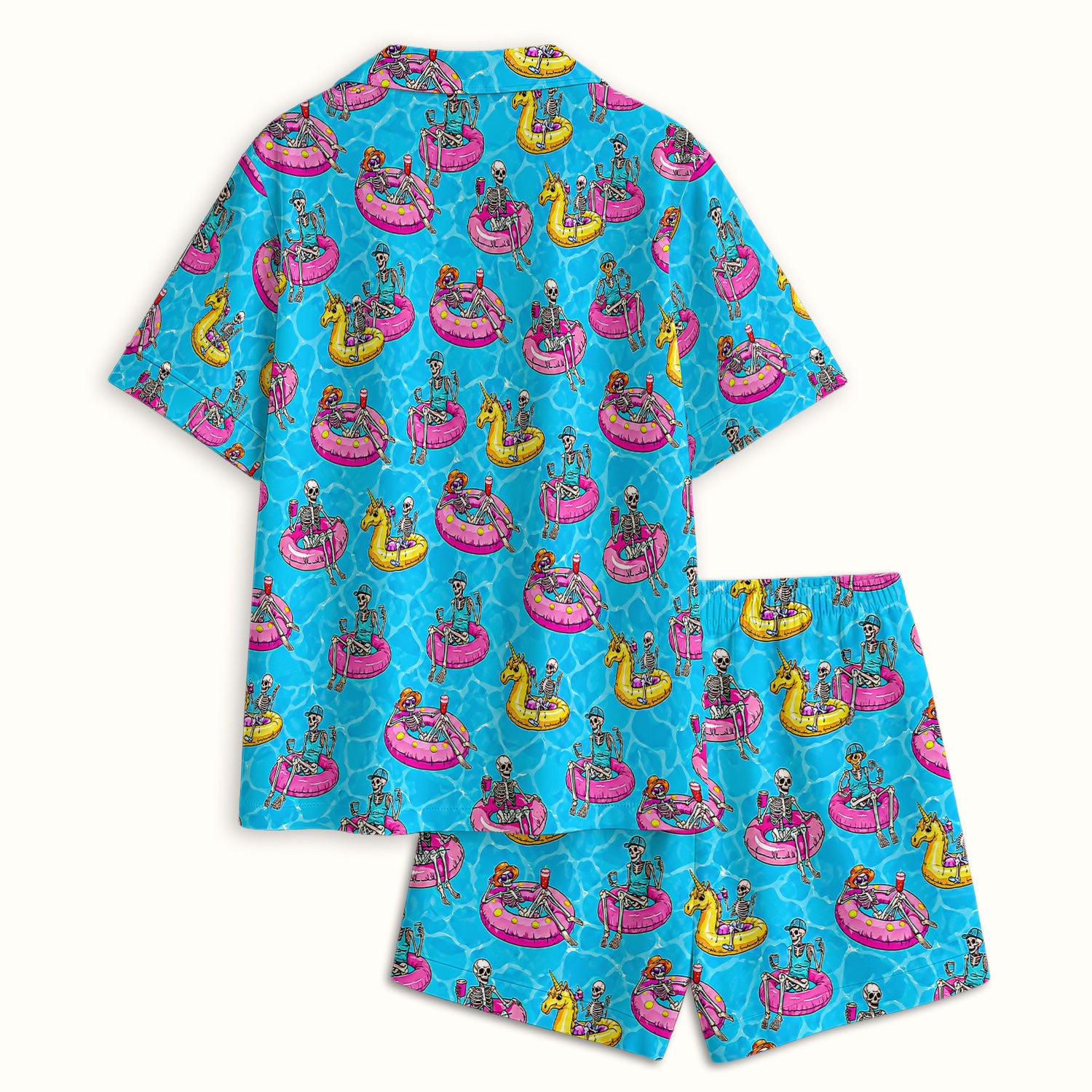 Summerween Skeleton with Pool Float Print Pajama Set, Soft Breathable Fabric Comfortable Sleepwear