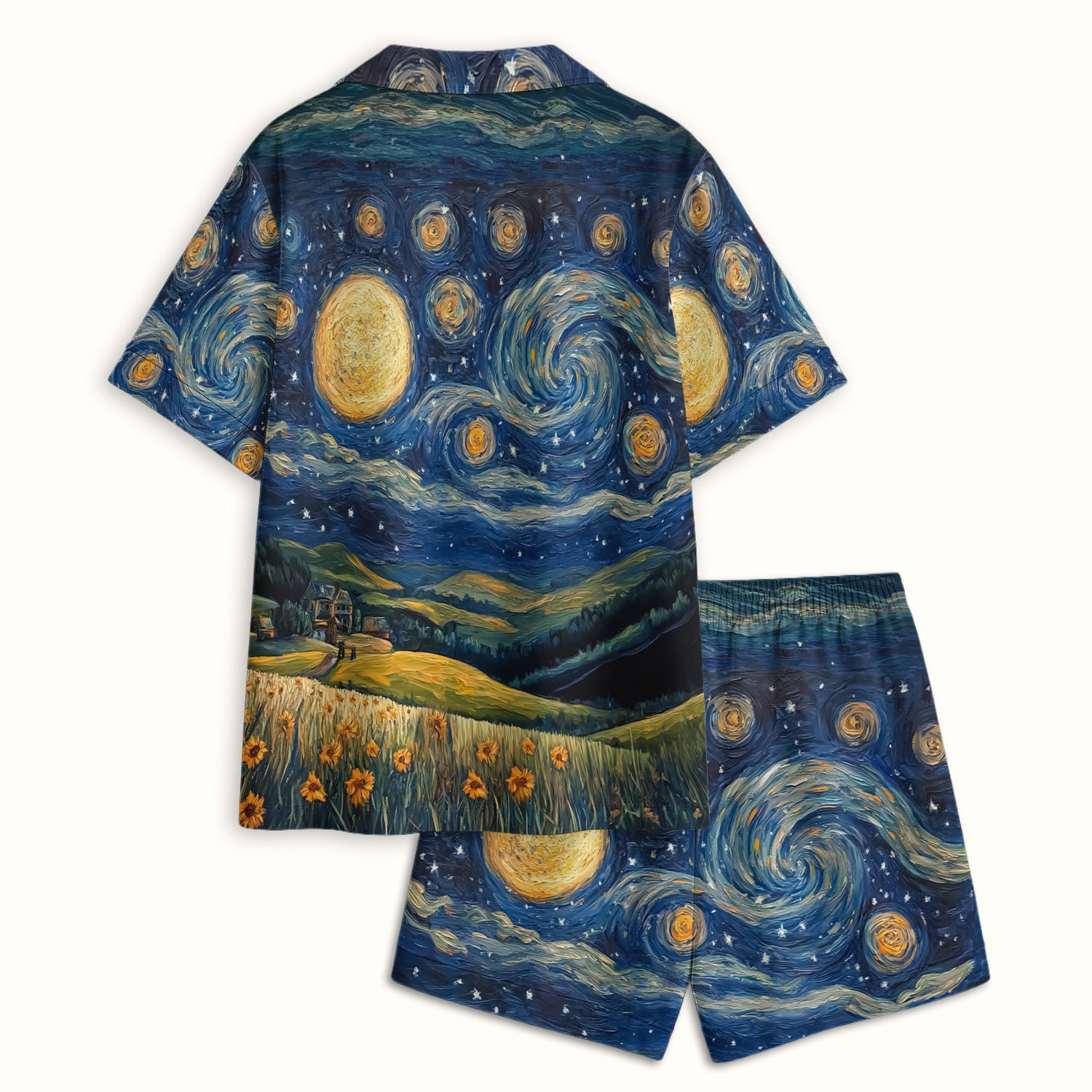 Artistic Highland Cow Starry Night Scene Pattern Pajama Set, Soft Breathable Fabric Comfortable Sleepwear