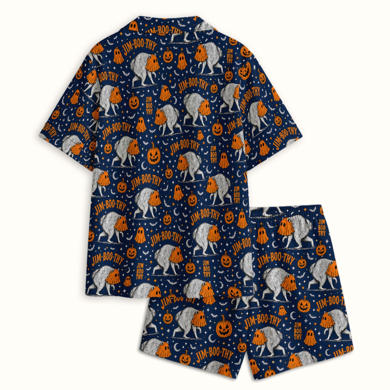 Funny Halloween Ghost Jimothy Pattern Pajama Set, Soft Breathable Fabric Comfortable Sleepwear