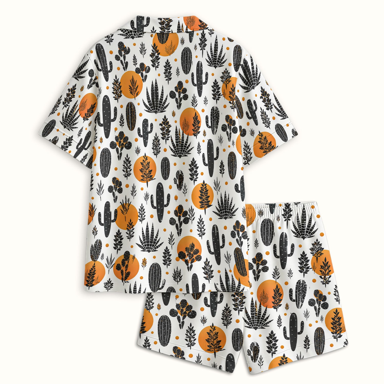 Desert Cactus Orange Sun Pattern Pajama Set, Soft Breathable Fabric Comfortable Sleepwear