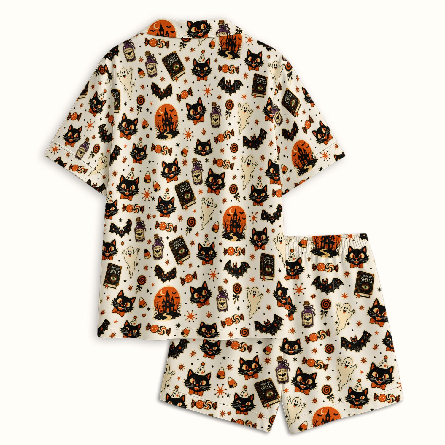 Halloween Black Cat with Ghost Candy Print Pajama Set, Soft Breathable Fabric Comfortable Sleepwear