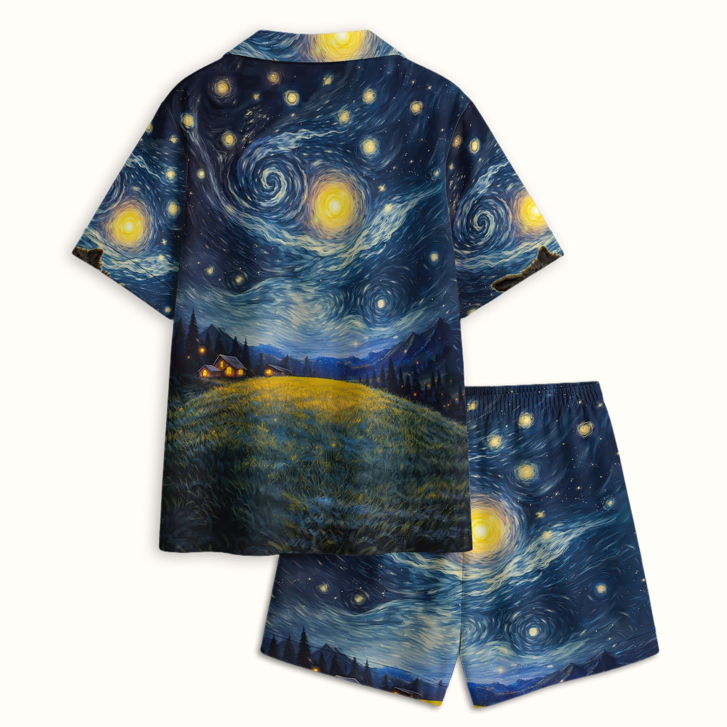 Starry Night Cat Art Print Pajama Set, Breathable Fabrics Uniform