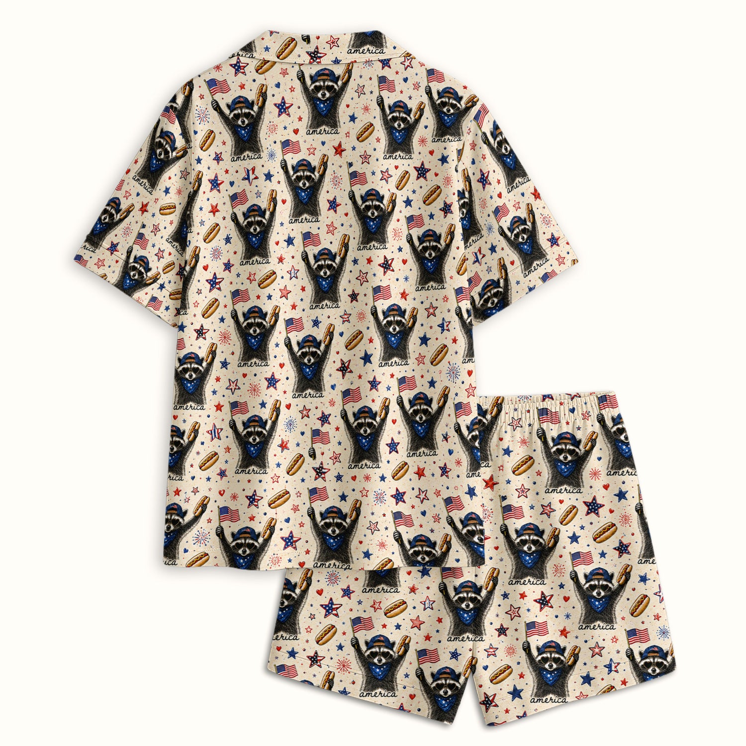 Patriotic Raccoon America Hotdog Pattern Pajama Set, Soft Breathable Fabric Comfortable Sleepwear