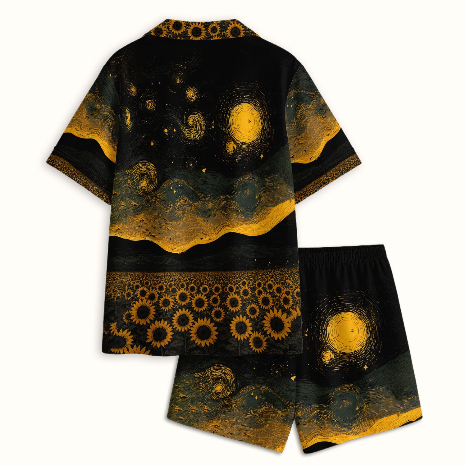 Cute Black Cat Sunflower Night Pattern Pajama Set, Soft Breathable Fabric Comfortable Sleepwear
