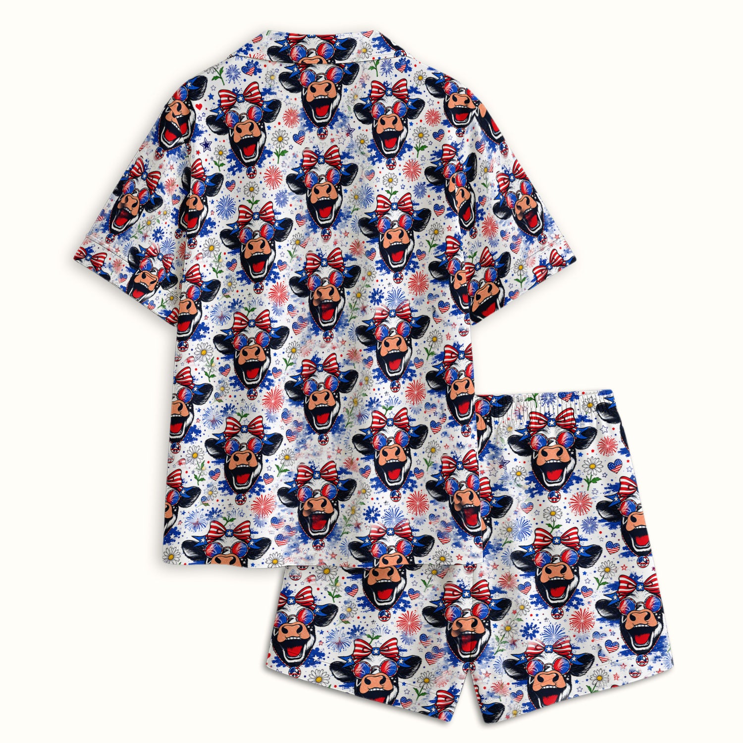 Funny Patriotic Cow Nurse Print Pajama Set, Soft Breathable Fabric Comfortable Sleepwear