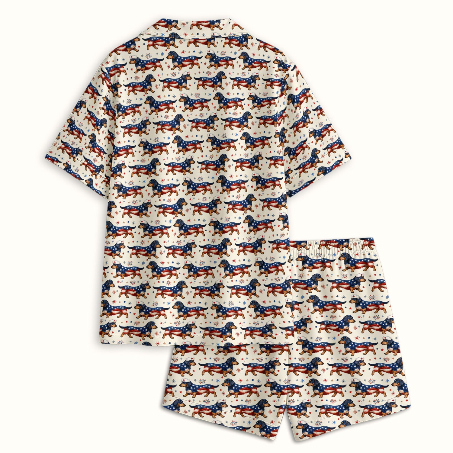 Patriotic Dachshund Dog American Flag Pattern Nurse Pajama Set, Soft Breathable Fabric Comfortable Sleepwear