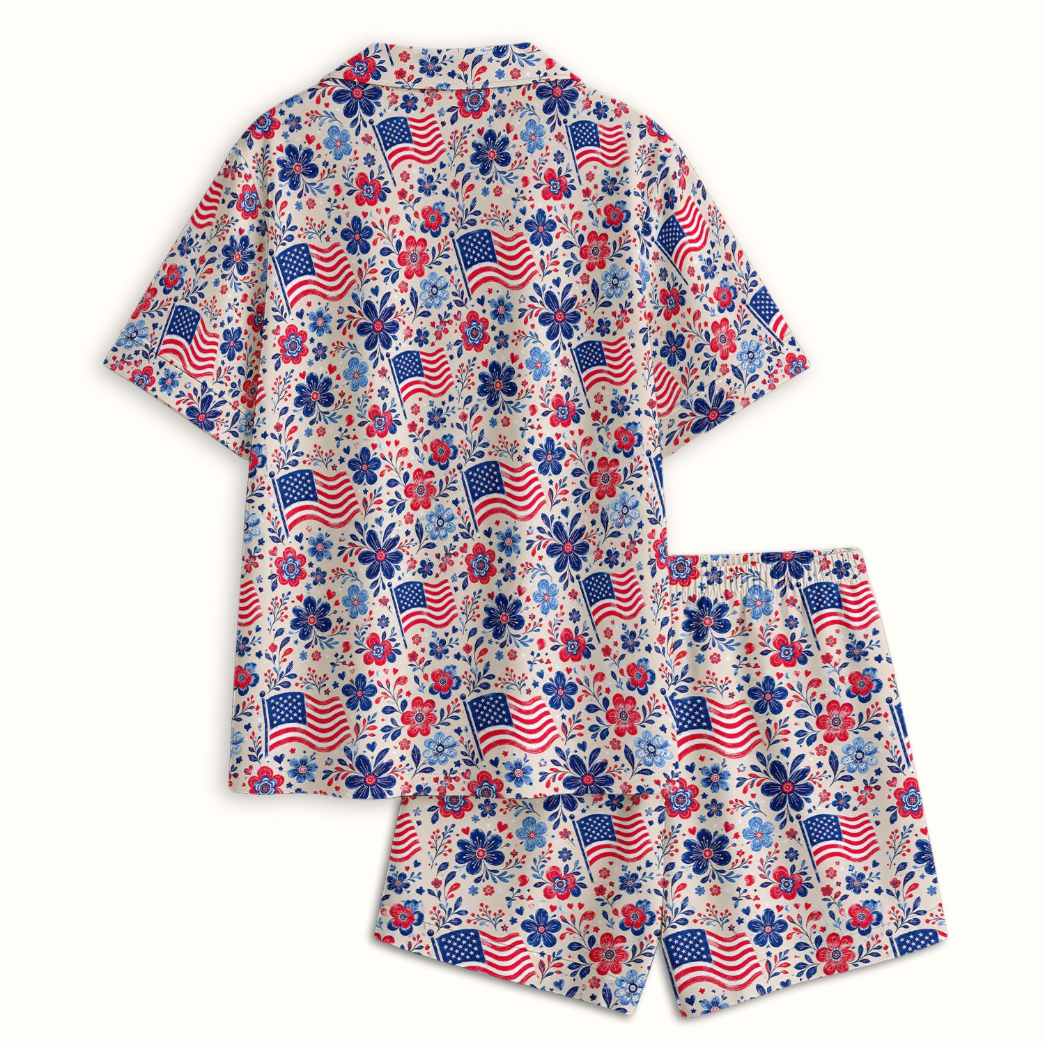 Patriotic Flag Floral Nurse Pattern Pajama Set, Soft Breathable Fabric Comfortable Sleepwear