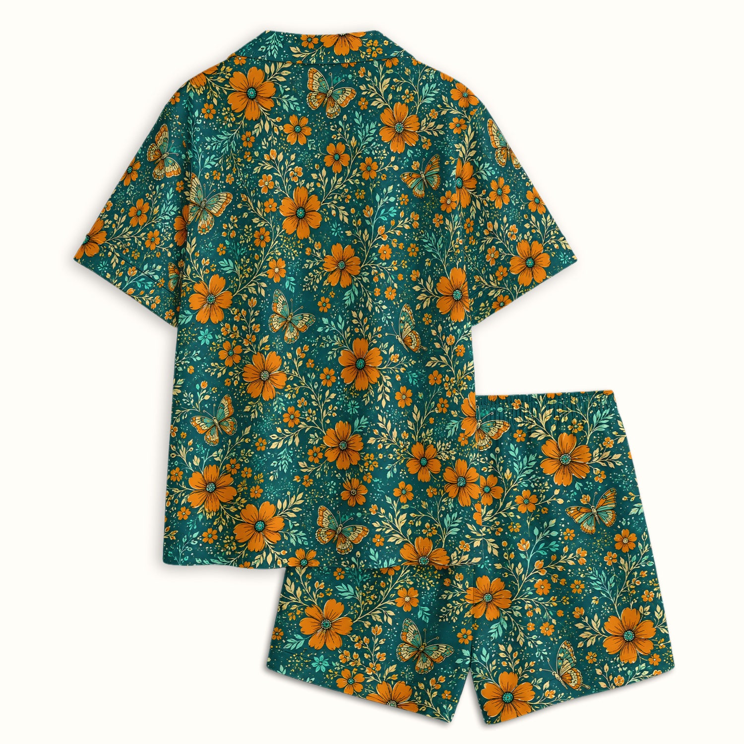 Orange Floral Butterfly Vine Pattern Pajama Set, Soft Breathable Fabric Comfortable Sleepwear