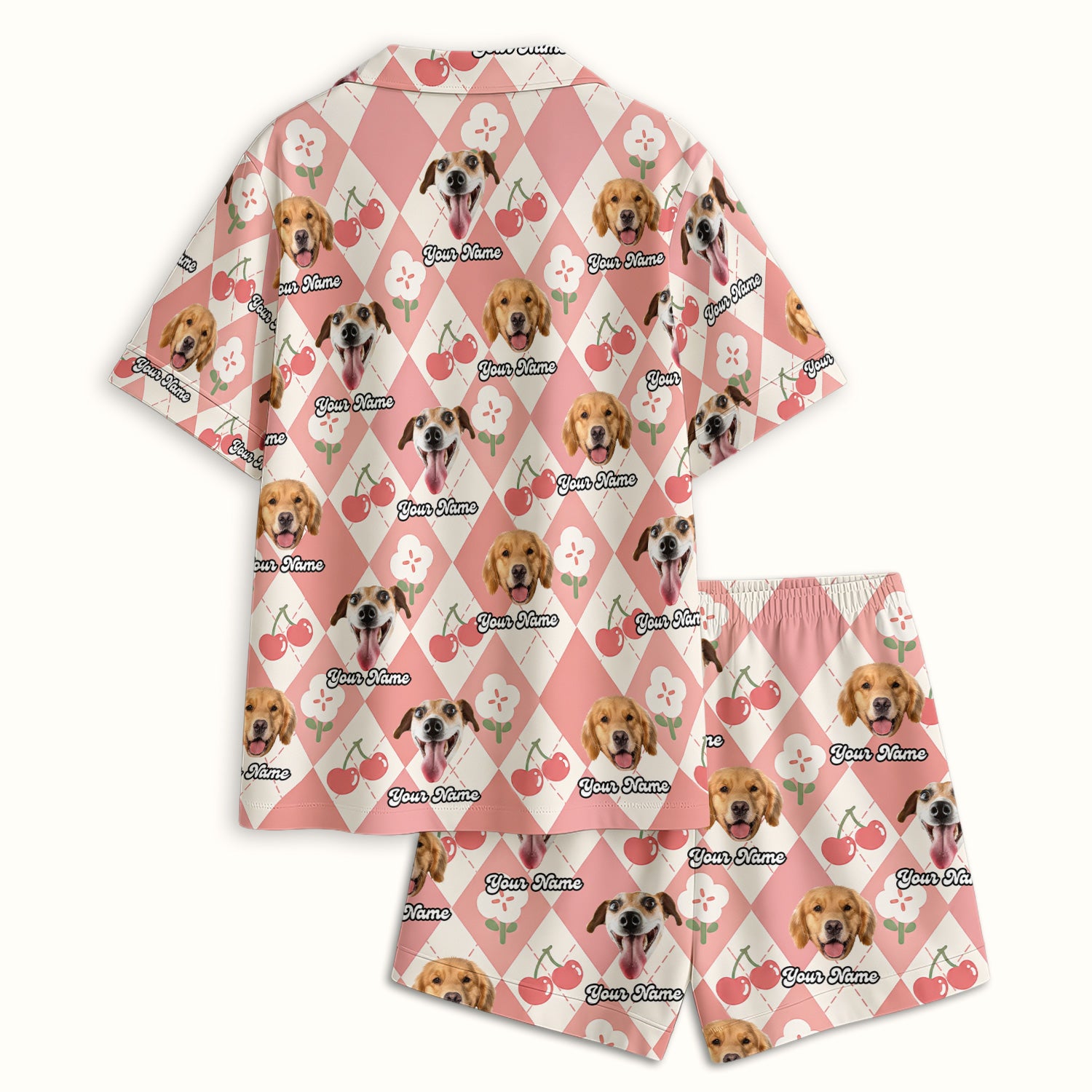 Custom Dog Face Pajama Set, Playful Dog Cherry Argyle Pattern, Soft Breathable Fabric Comfortable Sleepwear