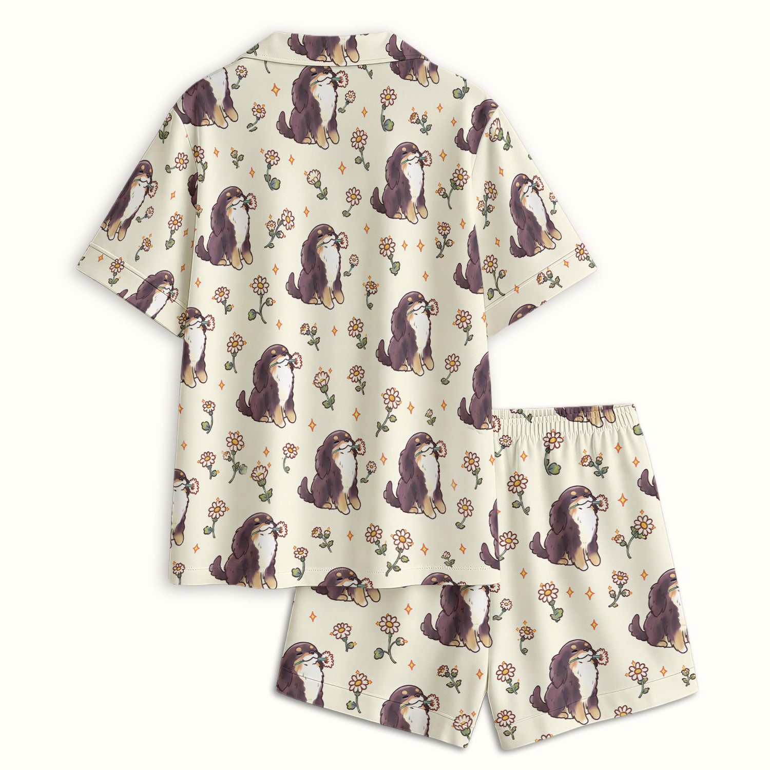 Cute Floral Otter Holding Daisy Pattern Pajama Set, Soft Breathable Fabric Comfortable Sleepwear