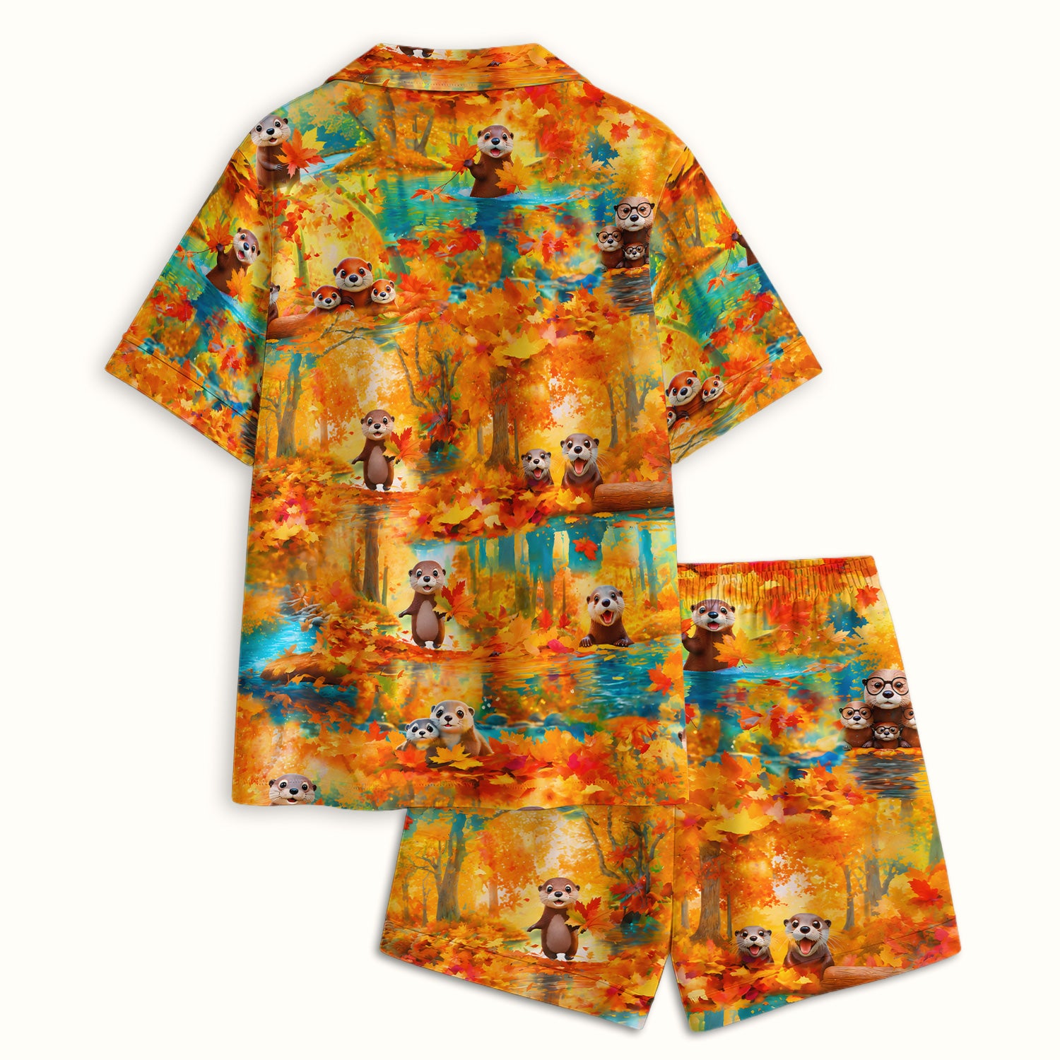 Cute Autumn Otter Leaf Forest Pattern Pajama Set, Soft Breathable Fabric Comfortable Sleepwear