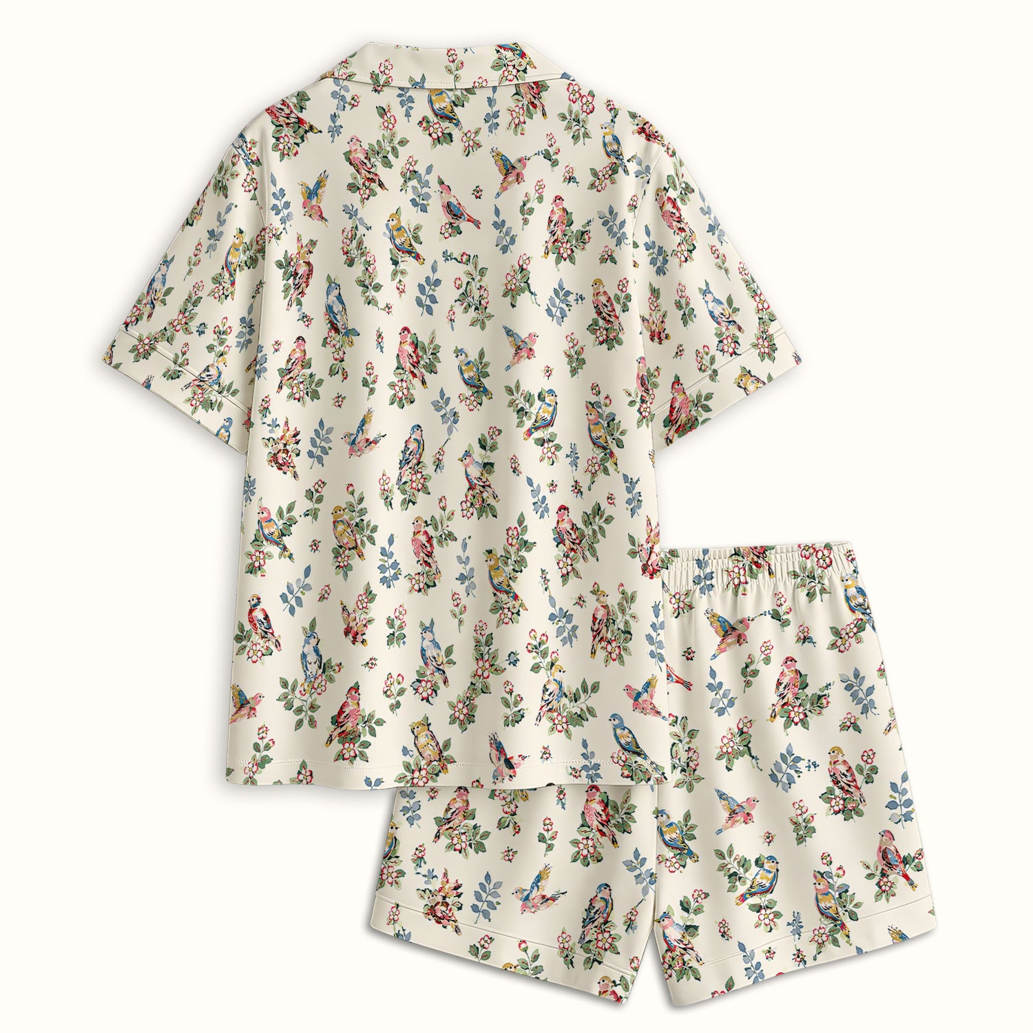 Cute Vintage Birds Blossom Pattern Pajama Set, Soft Breathable Fabric Comfortable Sleepwear