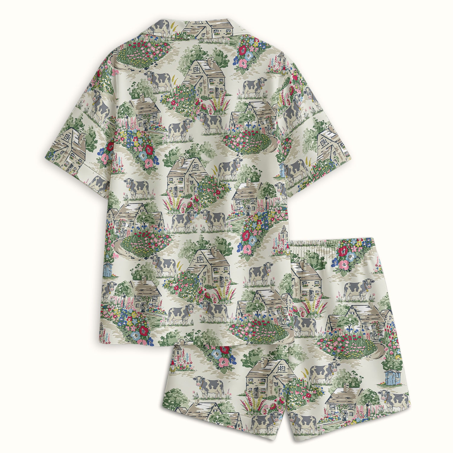 Charming Countryside Cows Cottage Garden Pattern Pajama Set, Soft Breathable Fabric Comfortable Sleepwear