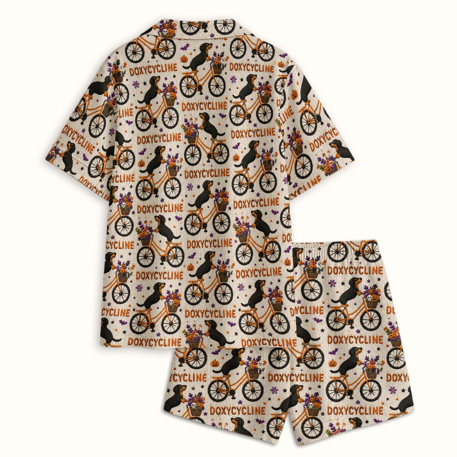 Halloween Dachshund with Doxycycline Bike Print Pajama Set, Soft Breathable Fabric Comfortable Sleepwear