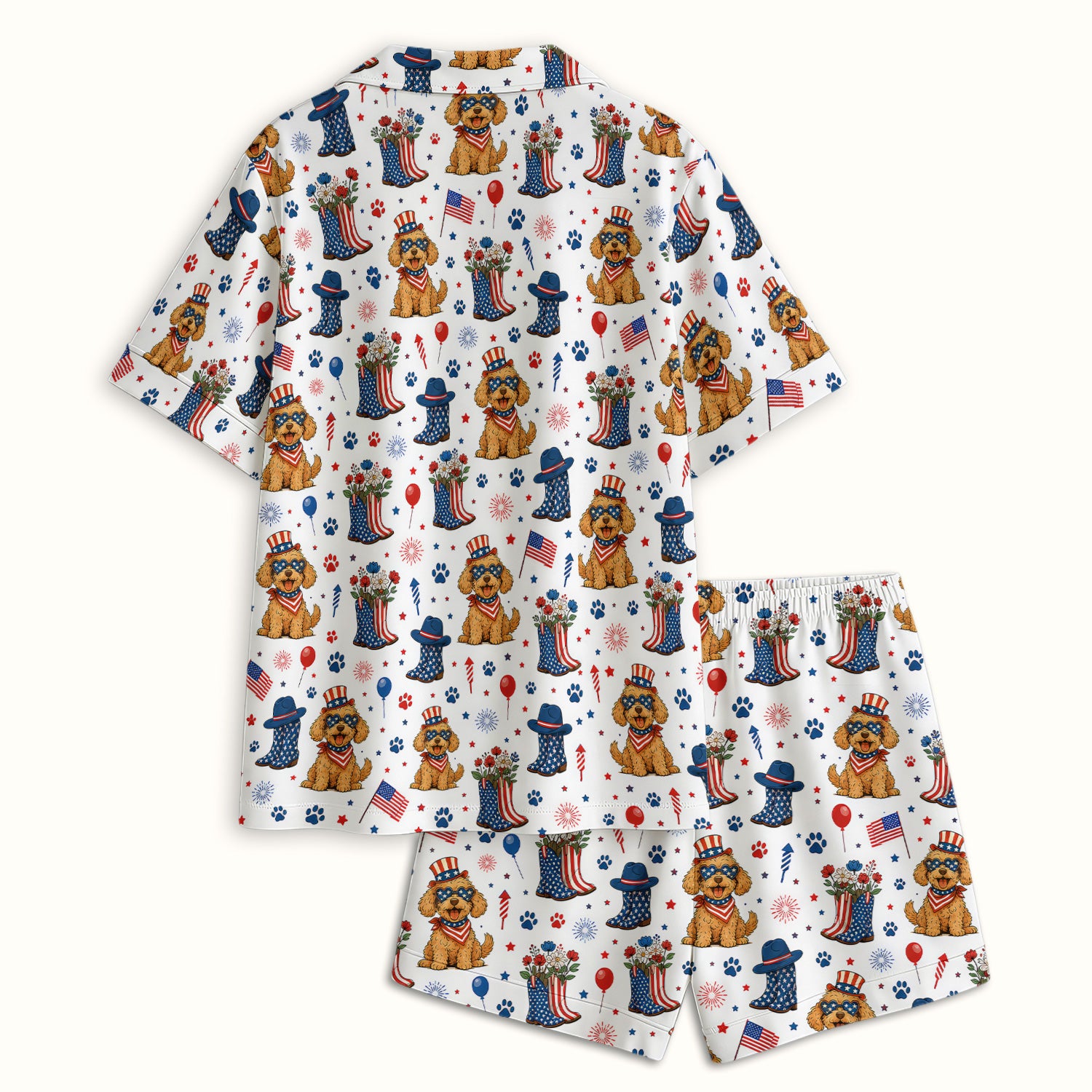 Patriotic Puppy Cowboy Boots Pattern Pajama Set, Soft Breathable Fabric Comfortable Sleepwear