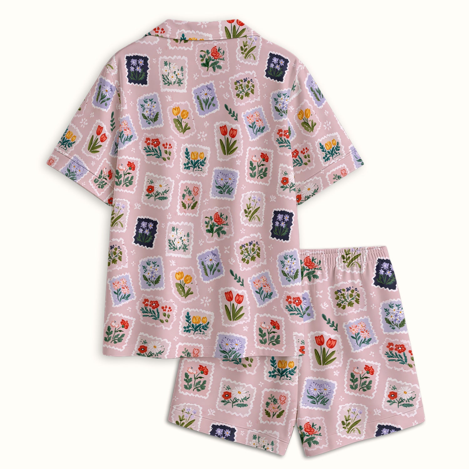 Vintage Flower Stamp Pattern Pajama Set, Breathable Fabrics Uniform