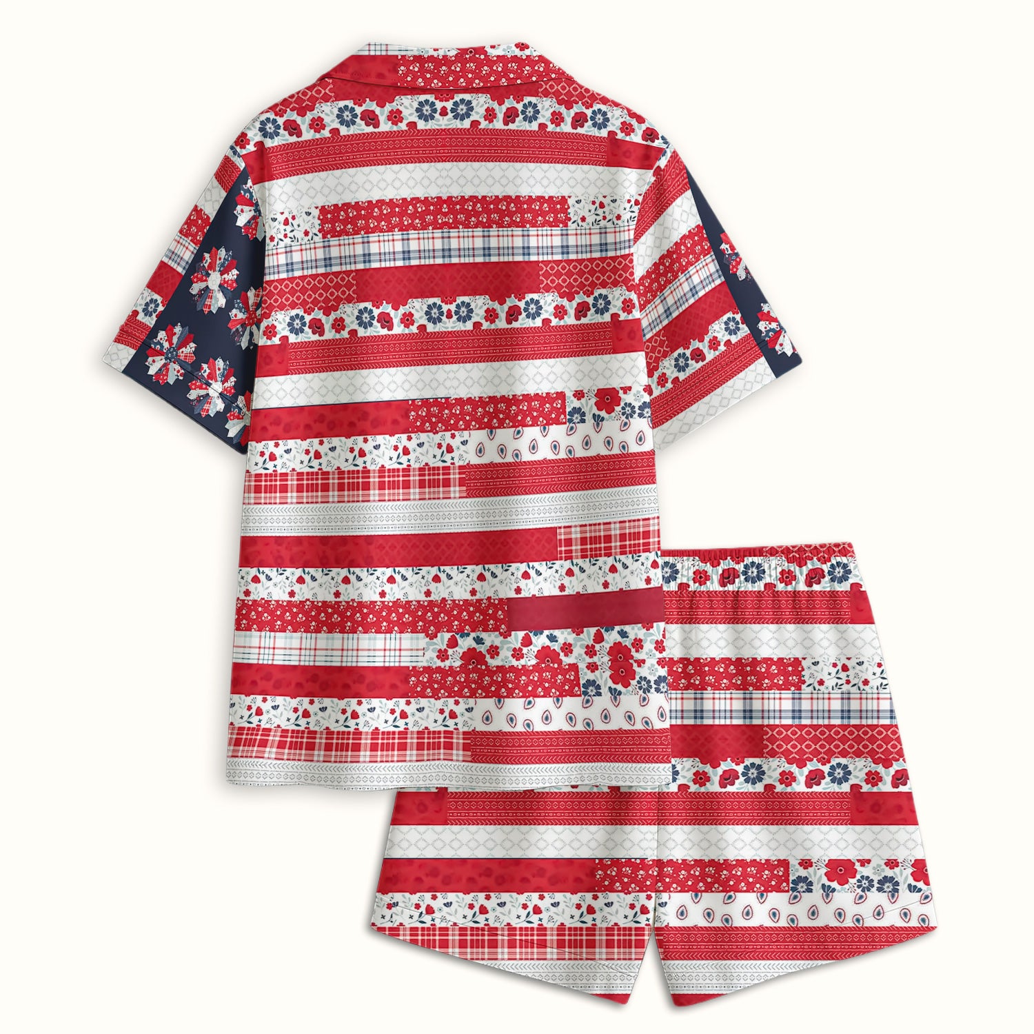 Patriotic Floral Flag Patchwork Pattern Pajama Set, Soft Breathable Fabric Comfortable Sleepwear