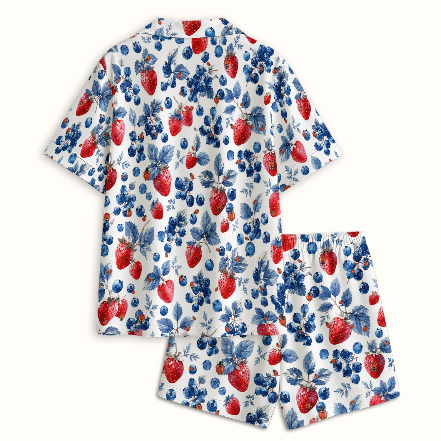 Cute Strawberry Blueberry Ladybug Pattern Pajama Set, Soft Breathable Fabric Comfortable Sleepwear