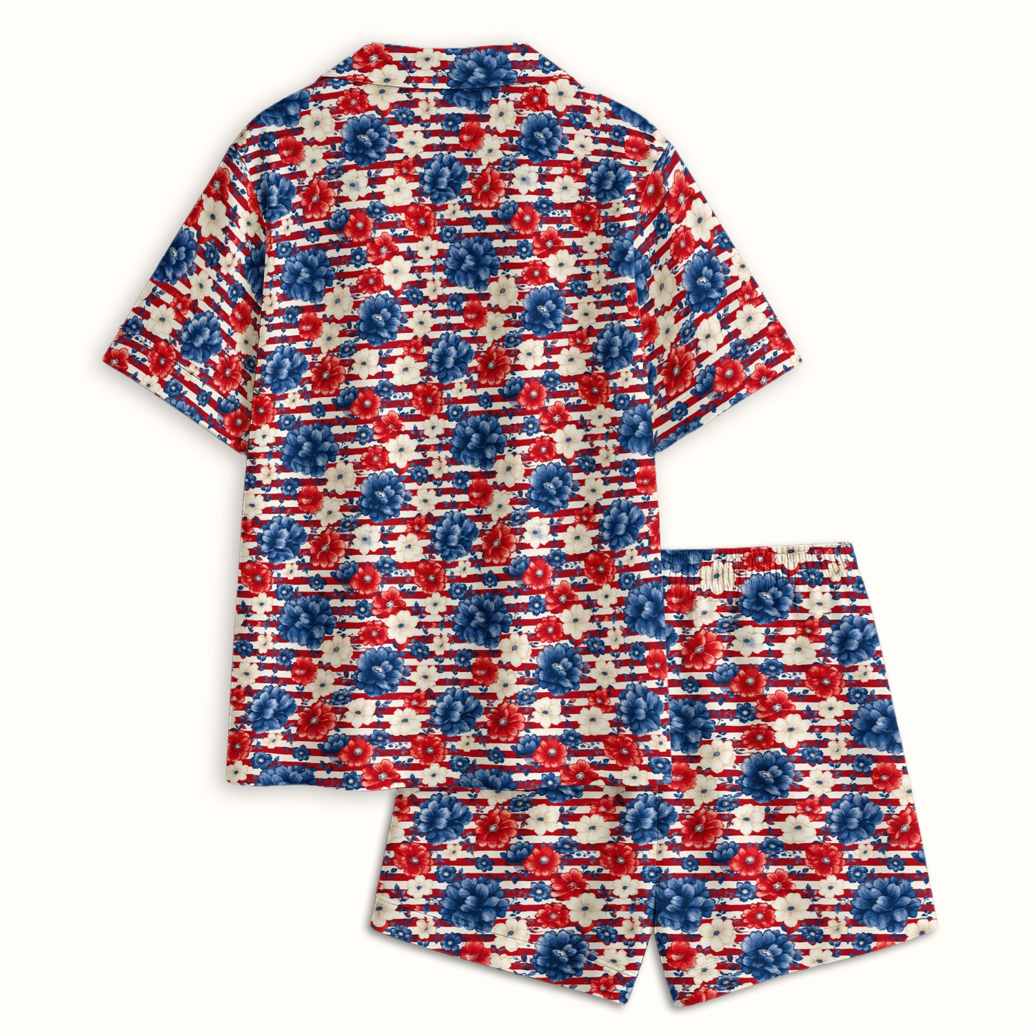 Patriotic Nurse Floral Stripe Pattern Pajama Set, Soft Breathable Fabric Comfortable Sleepwear