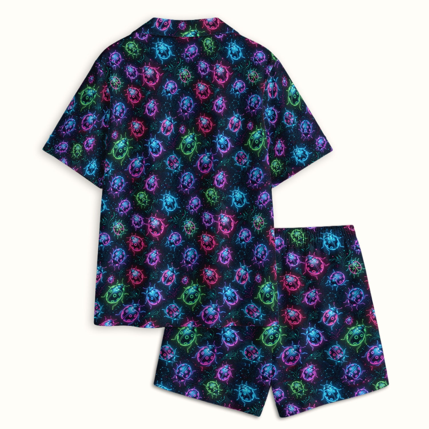 Colorful Neon Ladybug Pattern Pajama Set, Soft Breathable Fabric Comfortable Sleepwear