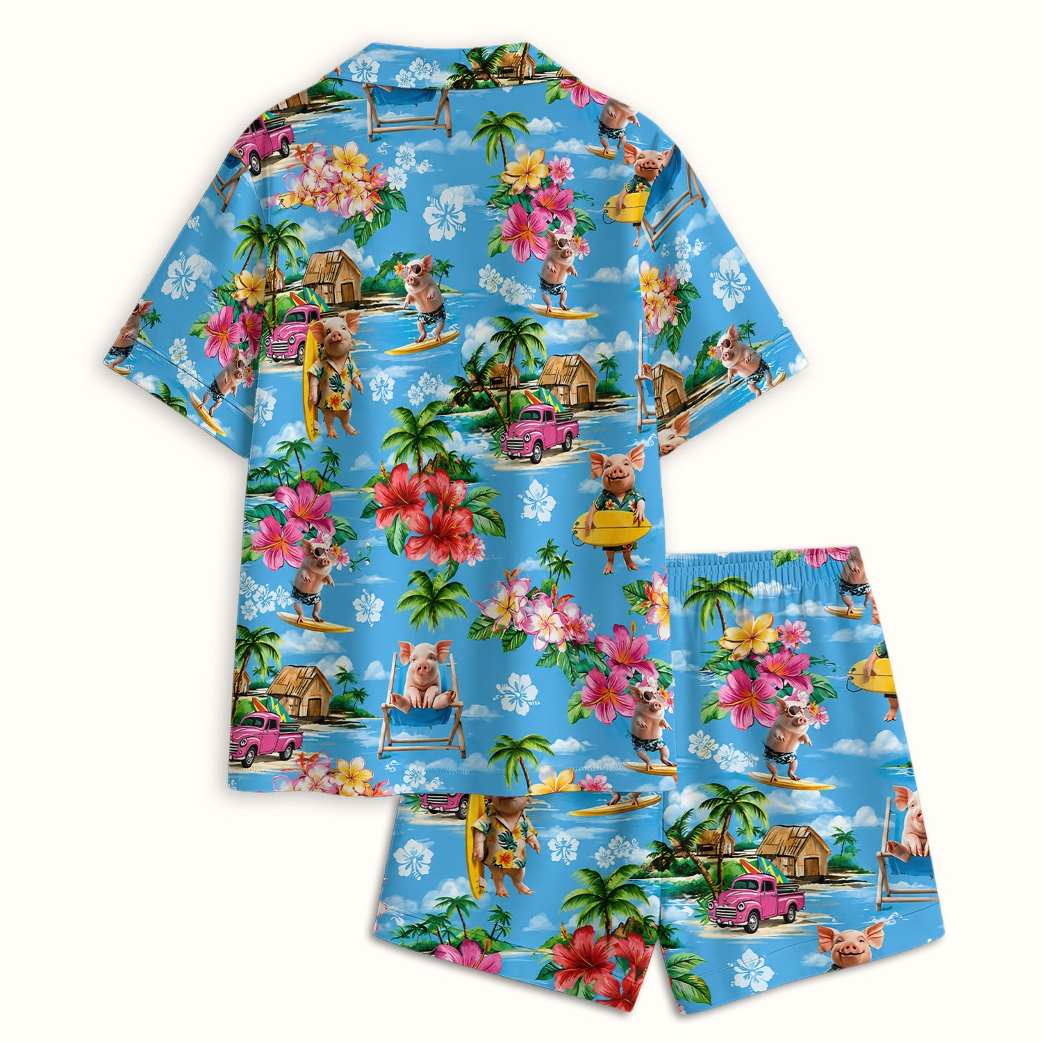 Tropical Surfing Pig Beach Pattern Pajama Set, Soft Breathable Fabric Comfortable Sleepwear