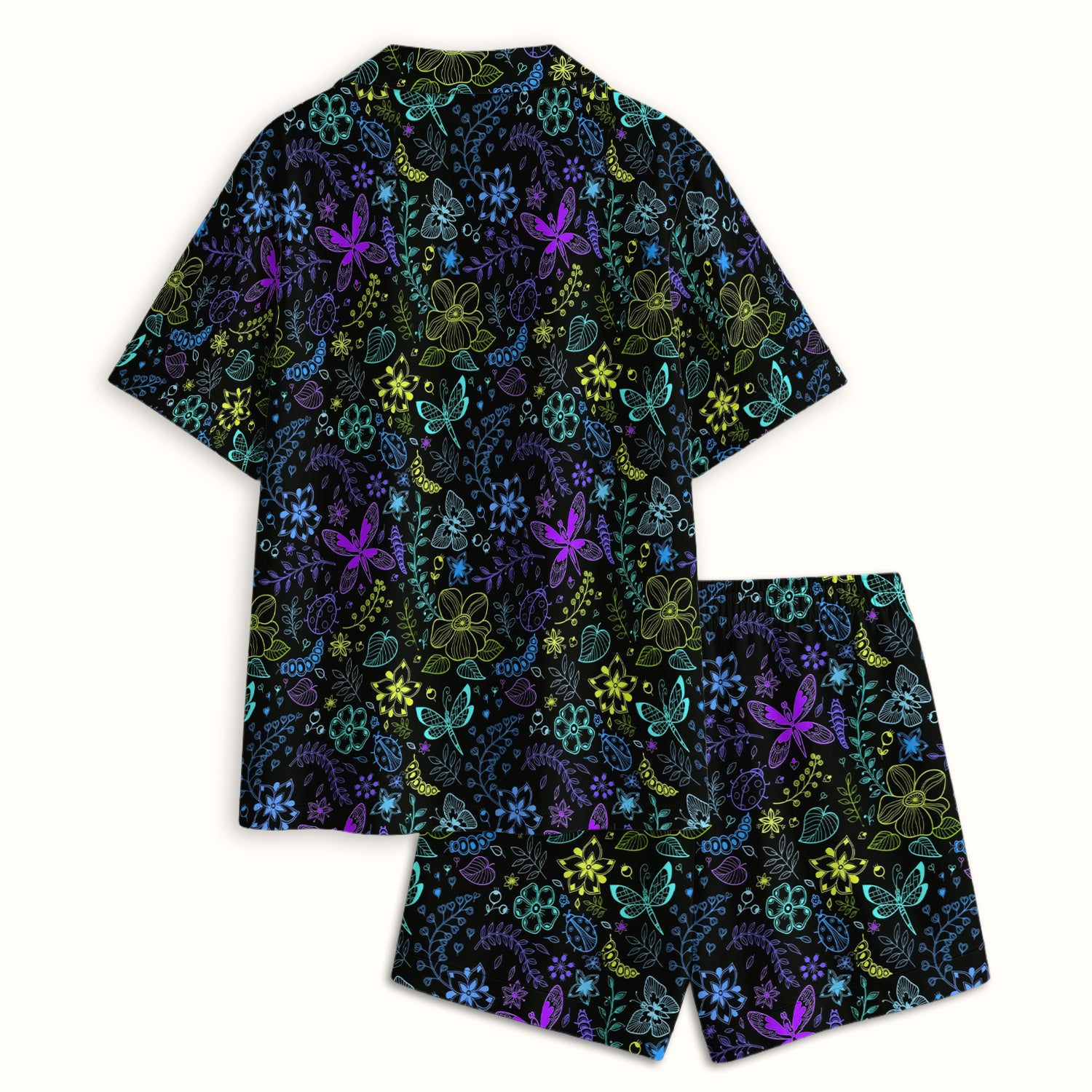 Neon Butterfly and Floral Garden Pattern Pajama Set, Breathable Fabrics Uniform