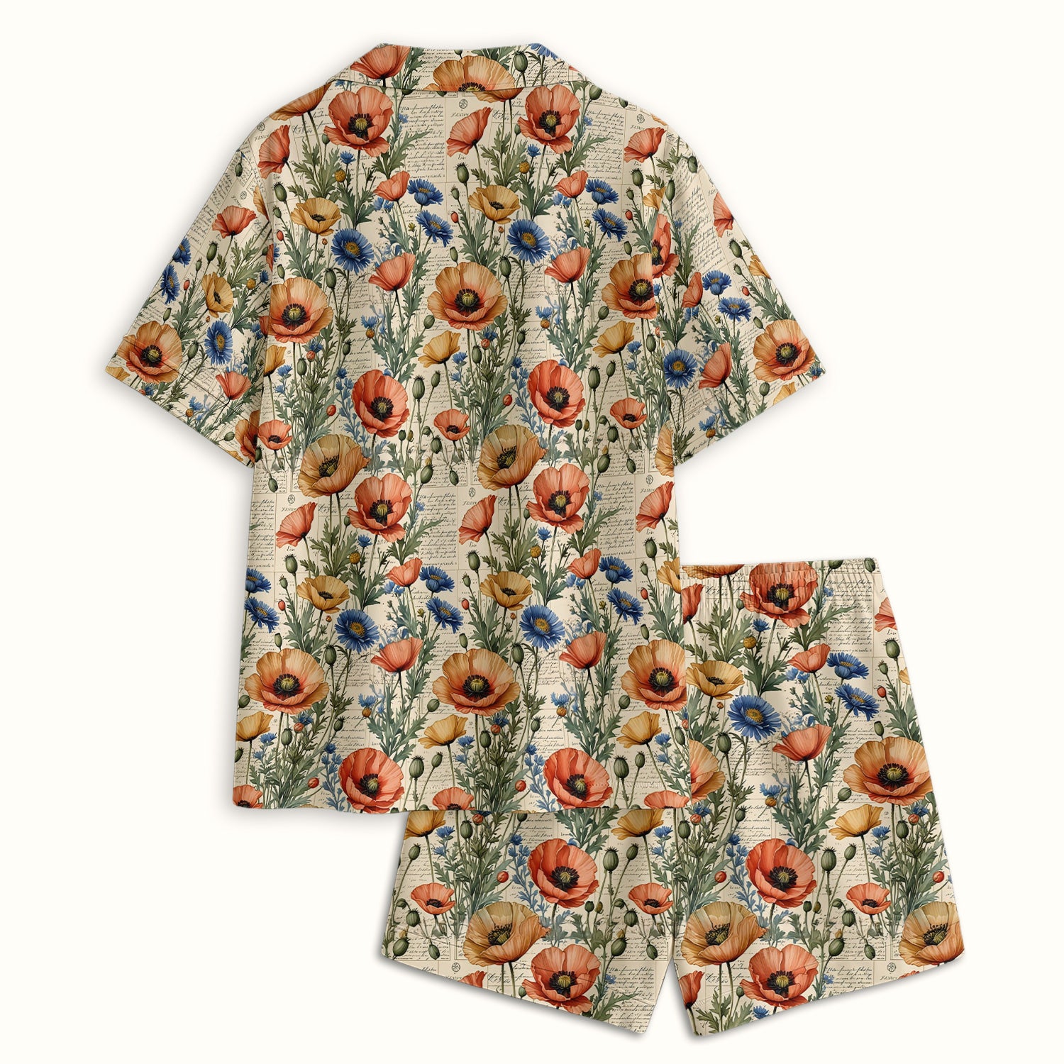 Vintage Poppy Wildflower Script Print Pajama Set, Soft Breathable Fabric Comfortable Sleepwear
