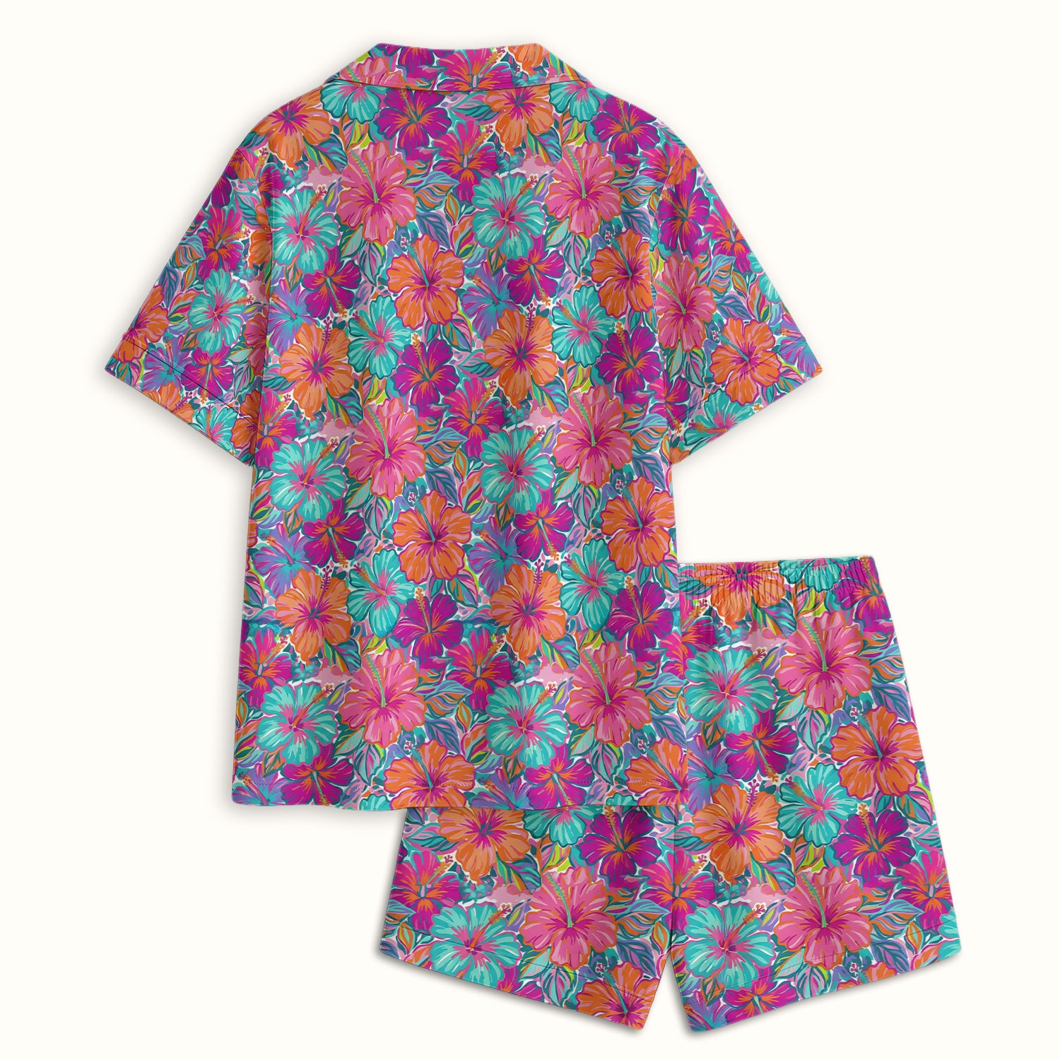 Vibrant Hibiscus Tropical Floral Pattern Pajama Set, Soft Breathable Fabric Comfortable Sleepwear