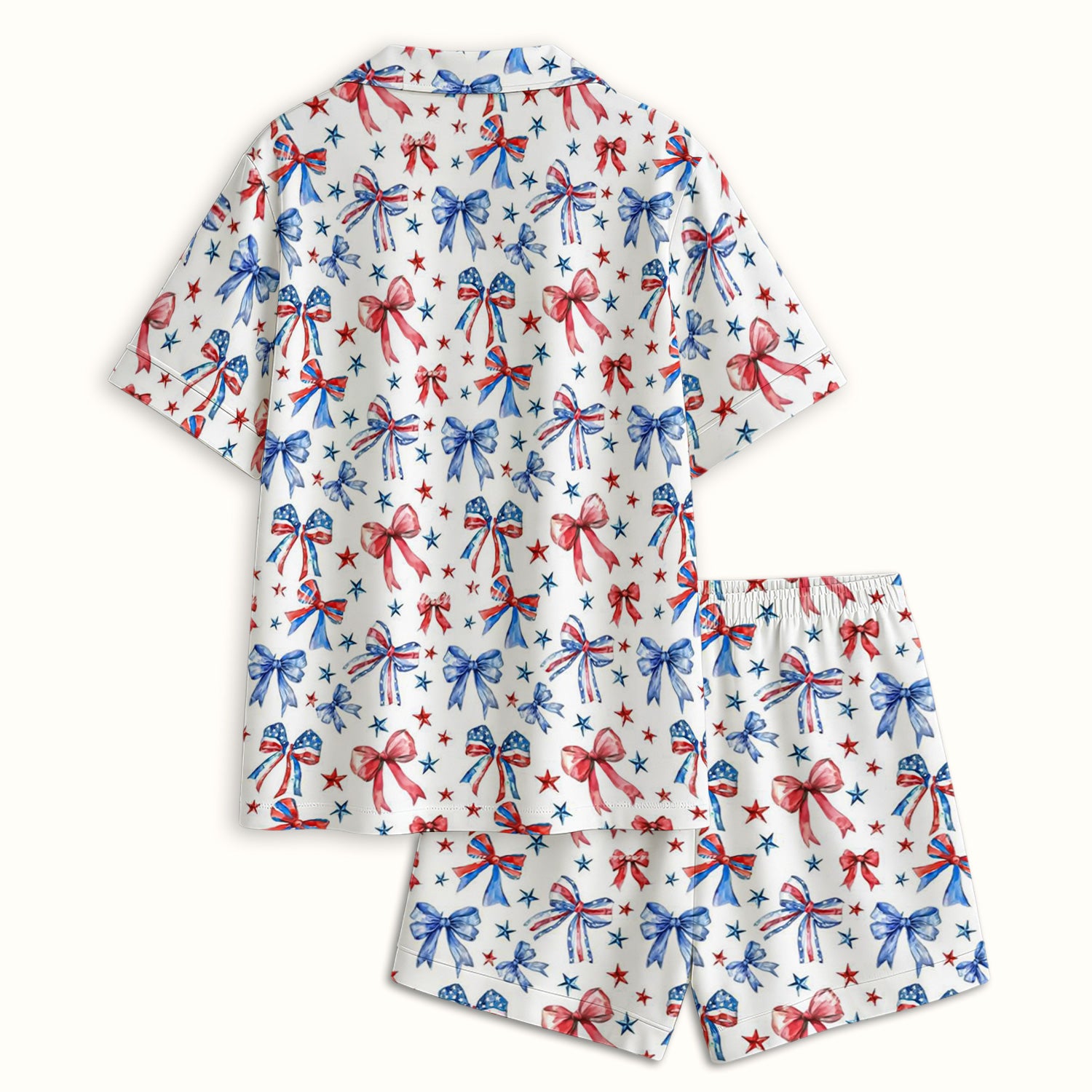 Festive Patriotic Ribbon Bow Star Pattern Pajama Set, Soft Breathable Fabric Comfortable Sleepwear