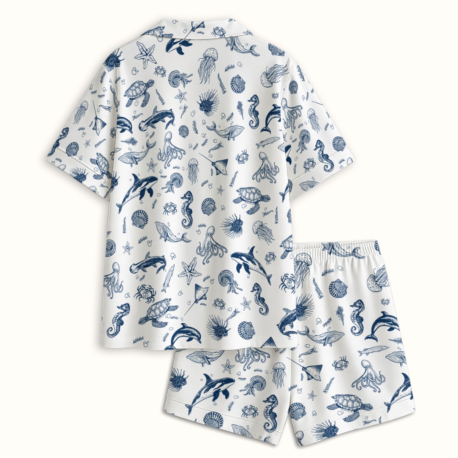 Marine Sea Life Pattern Pajama Set, Breathable Fabrics Uniform