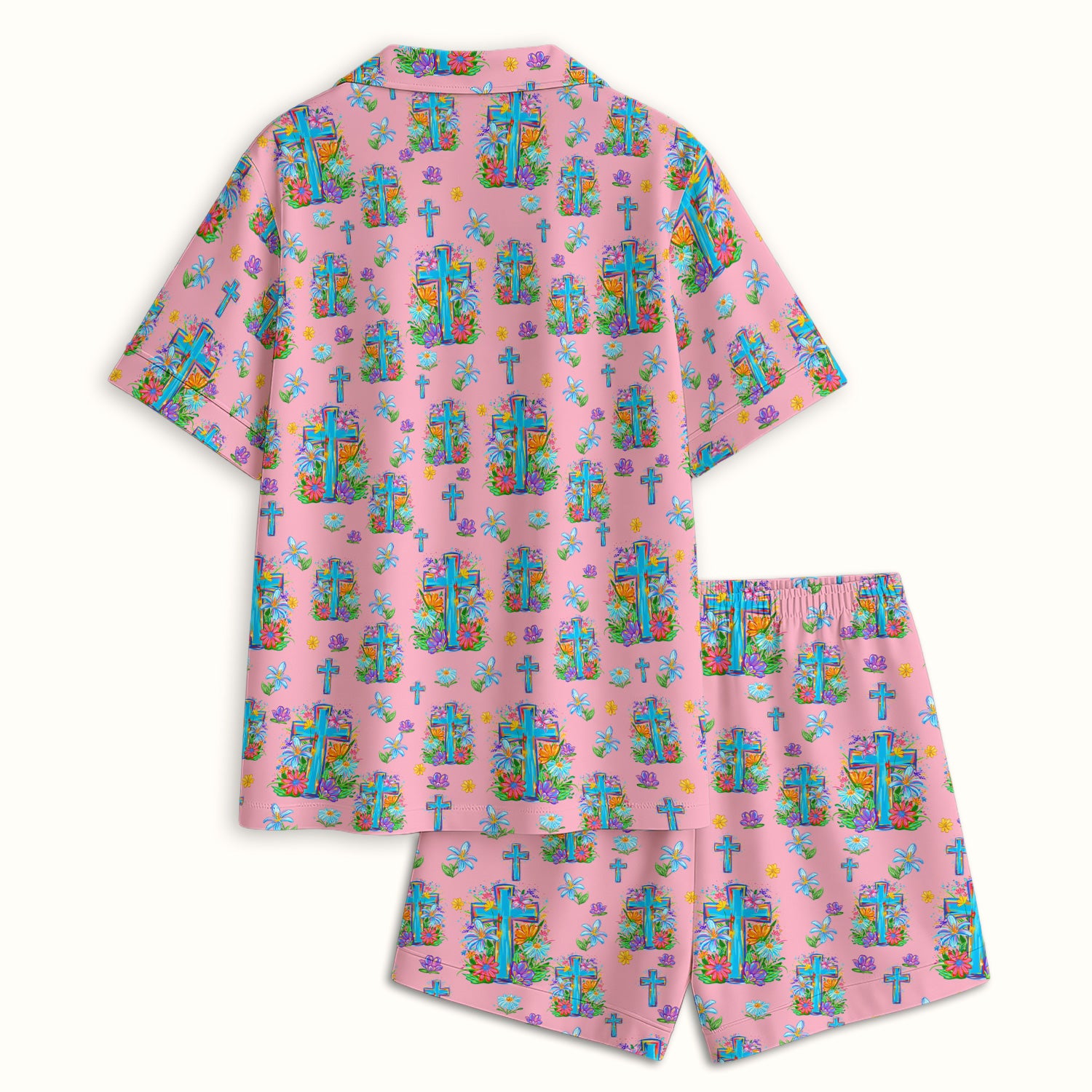 Christian Floral Cross Spring Pattern Pajama Set, Breathable Fabrics Uniform