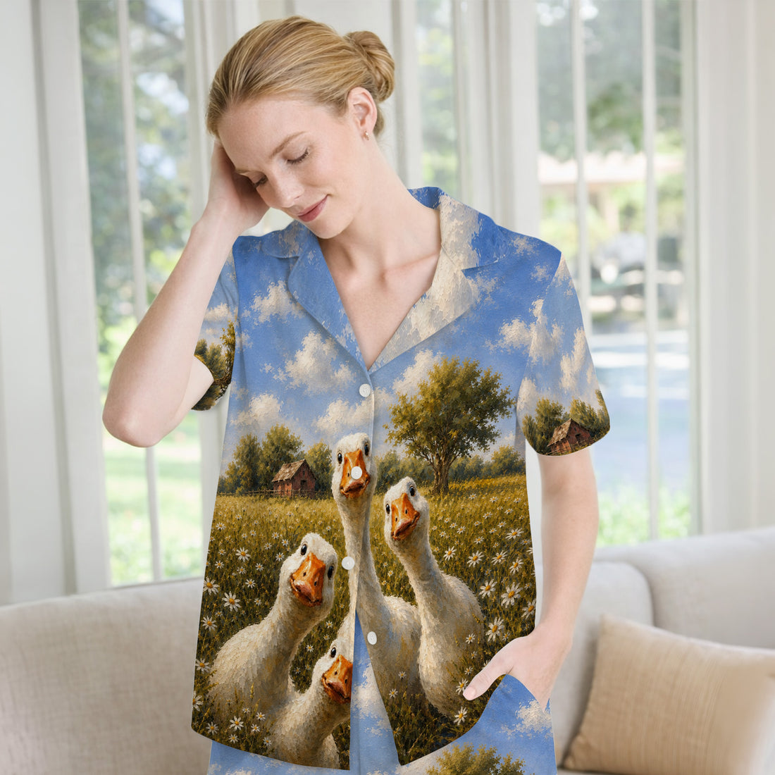 Cute Farmhouse Goose Meadow Pattern Pajama Set, Soft Breathable Fabric Comfortable Sleepwear