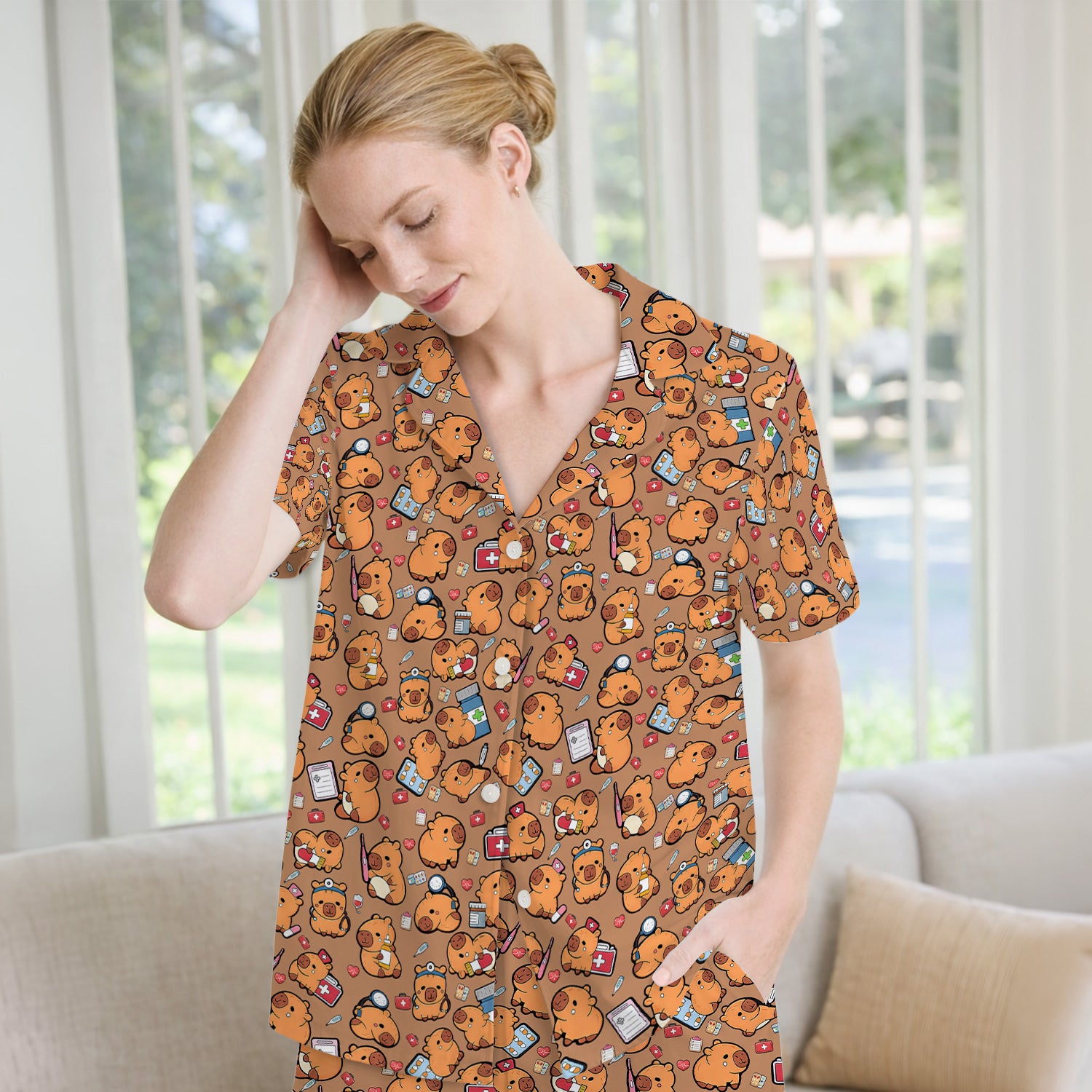 Capybara With Stethoscope And Medical Tools Seamless Pajama Set, Breathable Fabrics Uniform