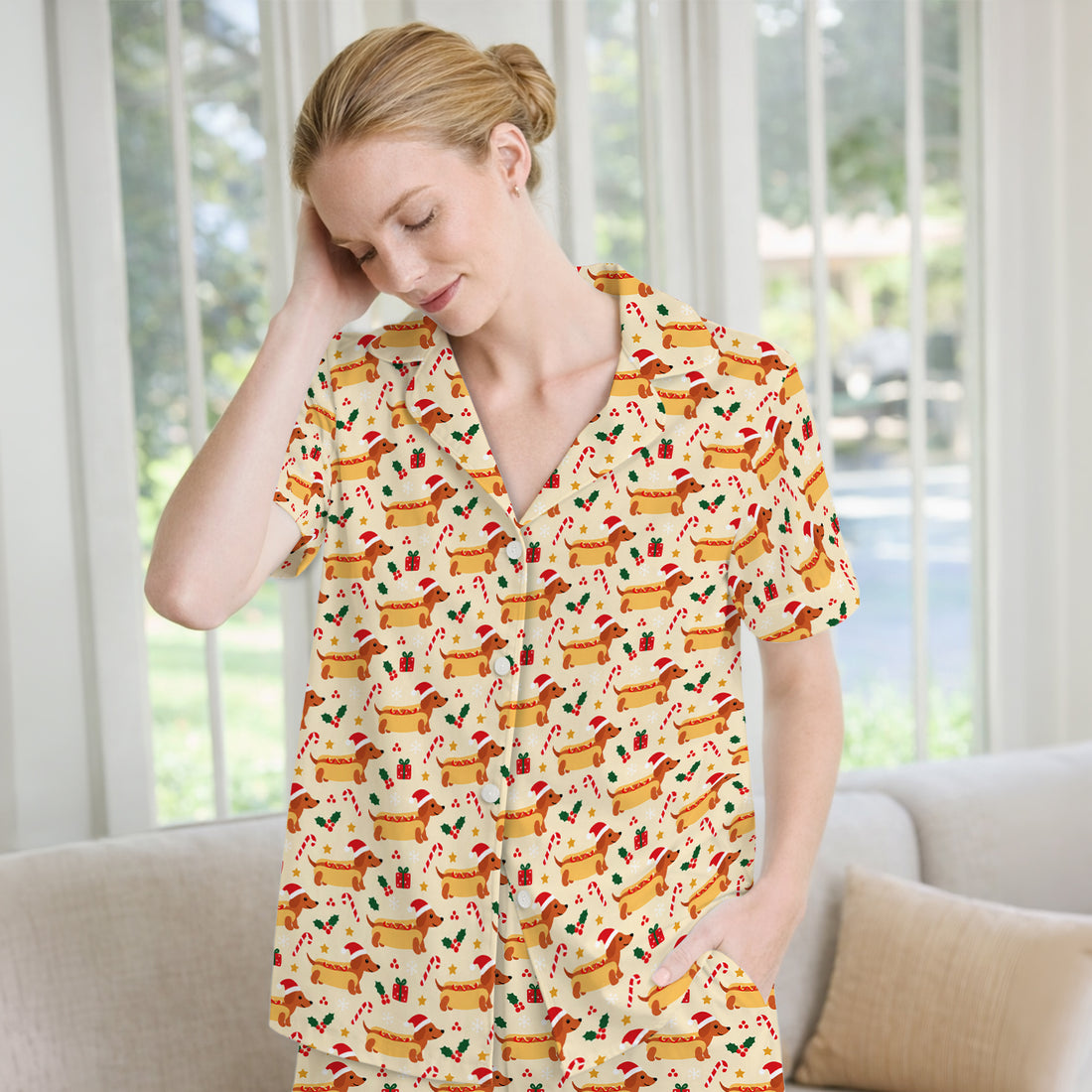 Funny Christmas Dachshund Hot Dog Pajama Set, Soft Breathable Fabric Comfortable Sleepwear