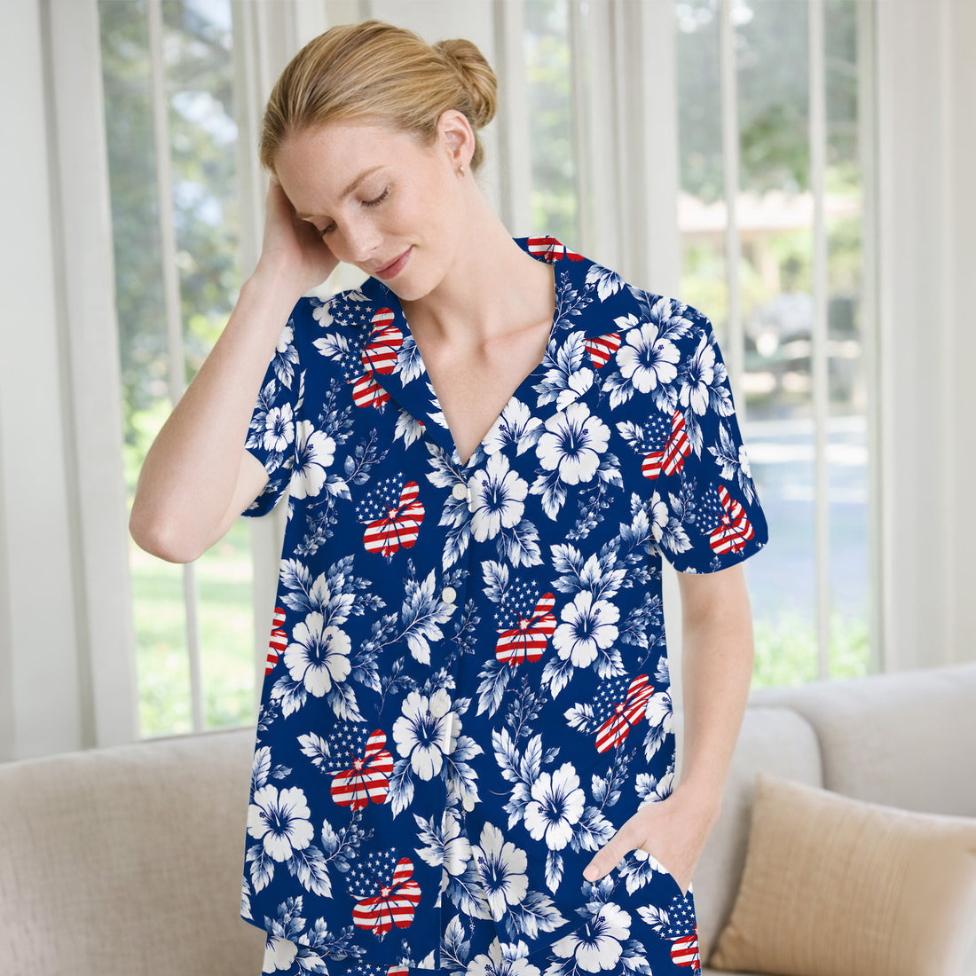 Patriotic Butterfly Floral Nurse for RN & CNA, American Flag Healthcare Workers Uniform Pajama Set, Soft Breathable Fabric Comfortable Sleepwear