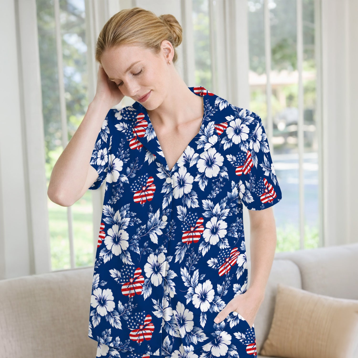 Patriotic Butterfly Floral Nurse for RN & CNA, American Flag Healthcare Workers Uniform Pajama Set, Soft Breathable Fabric Comfortable Sleepwear