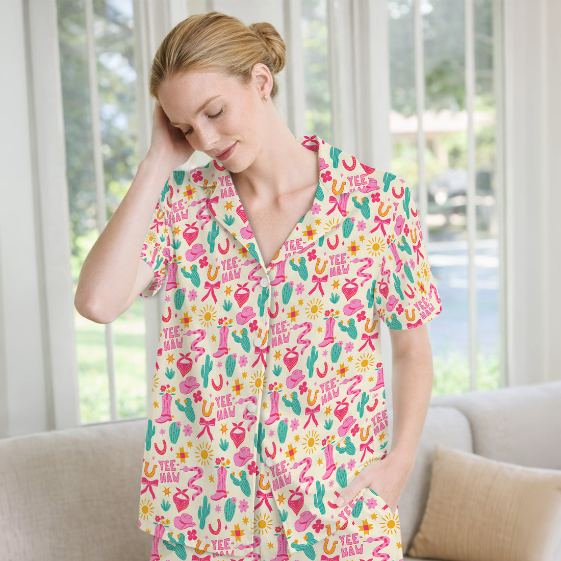 Pink Western Cowgirl Nurse Pattern Pajama Set, Soft Breathable Fabric Comfortable Sleepwear