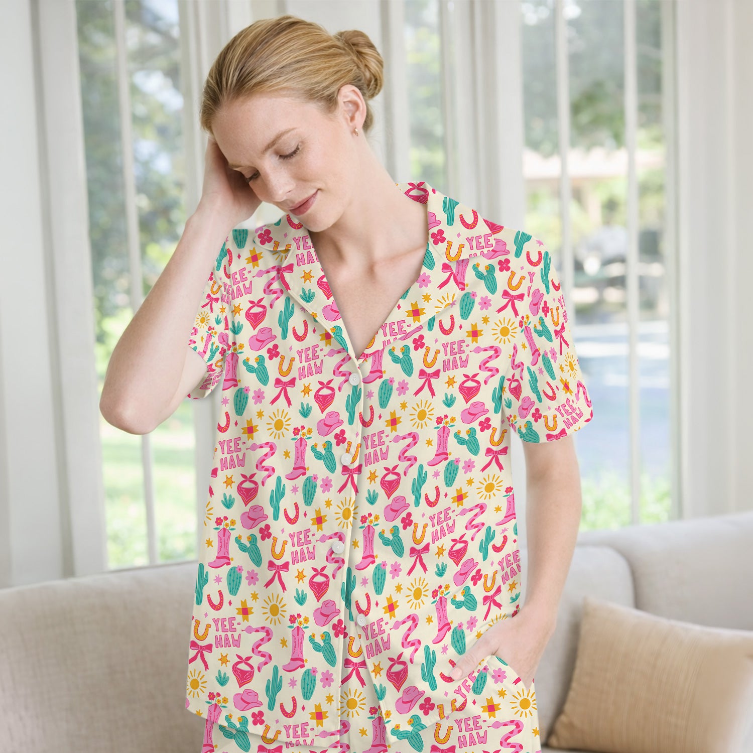 Pink Western Cowgirl Nurse Pattern Pajama Set, Soft Breathable Fabric Comfortable Sleepwear