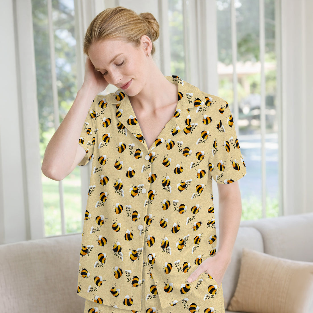 Cute Bumble Bee Blossom Pattern Pajama Set, Soft Breathable Fabric Comfortable Sleepwear