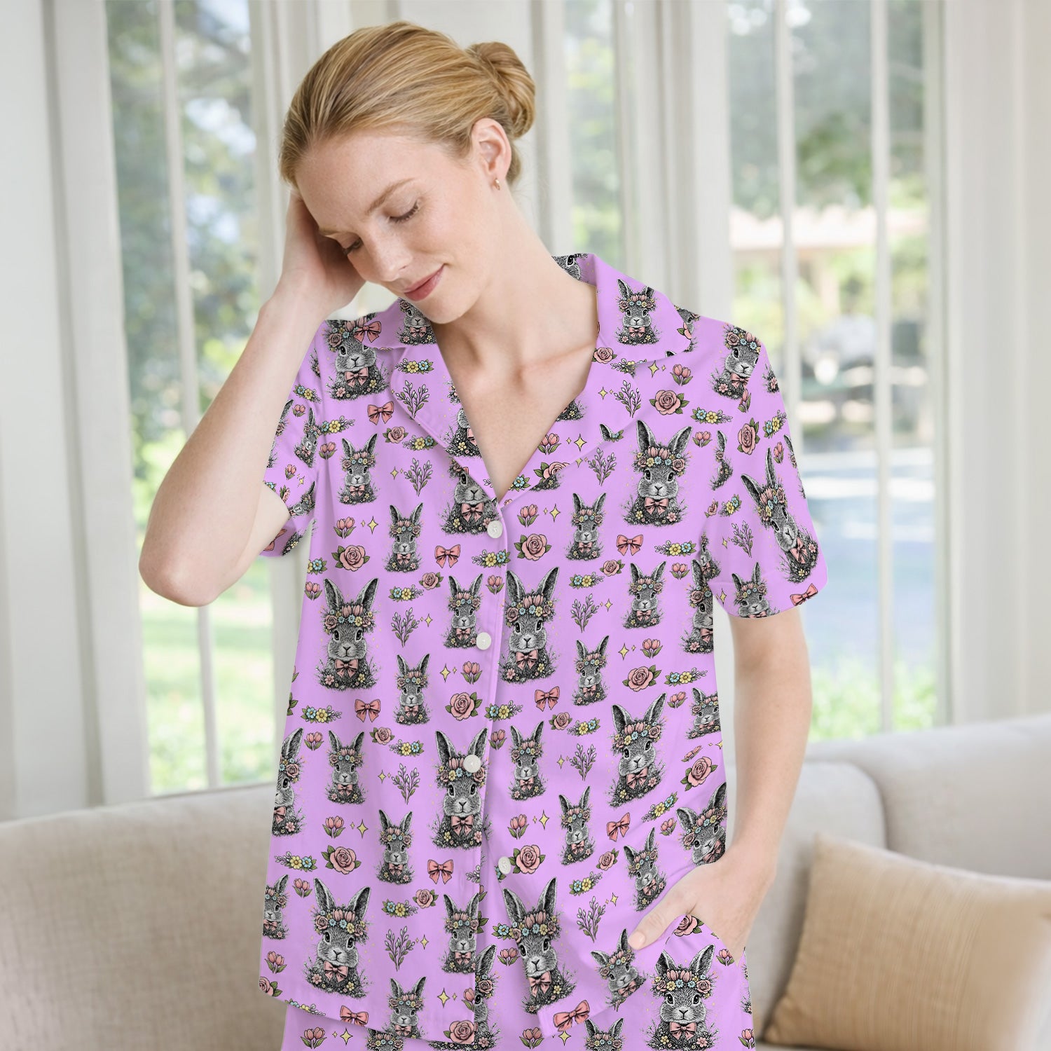 Easter Vintage Floral Bunny Print Pajama Set, Breathable Fabrics Uniform
