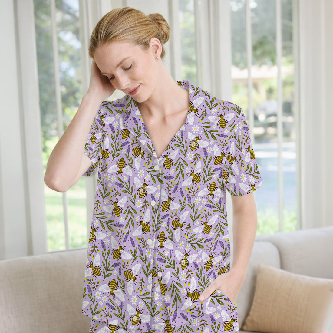 Cute Lavender Bee Floral Pattern Pajama Set, Soft Breathable Fabric Comfortable Sleepwear