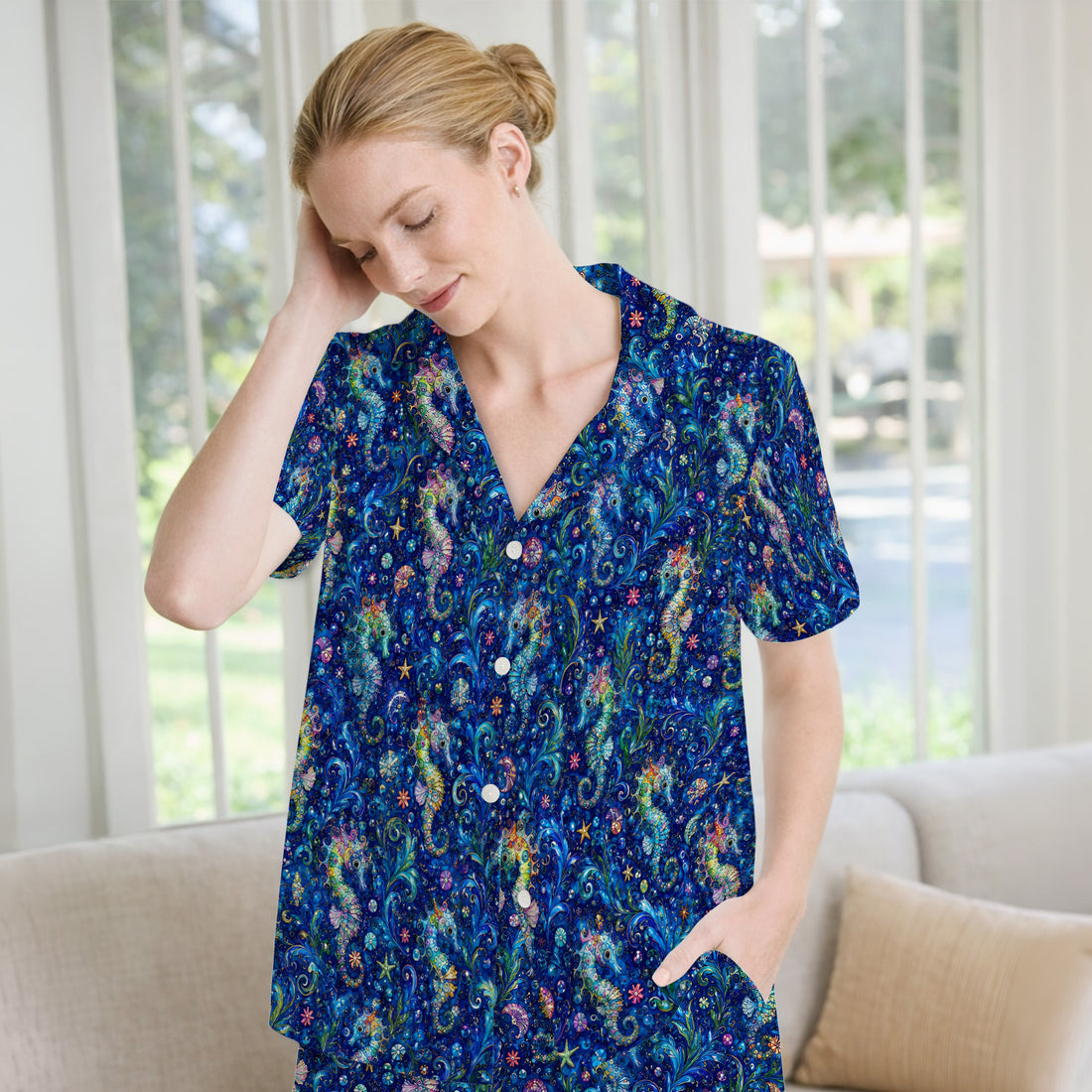 Vibrant Seahorse Ocean Swirl Pattern Pajama Set, Soft Breathable Fabric Comfortable Sleepwear
