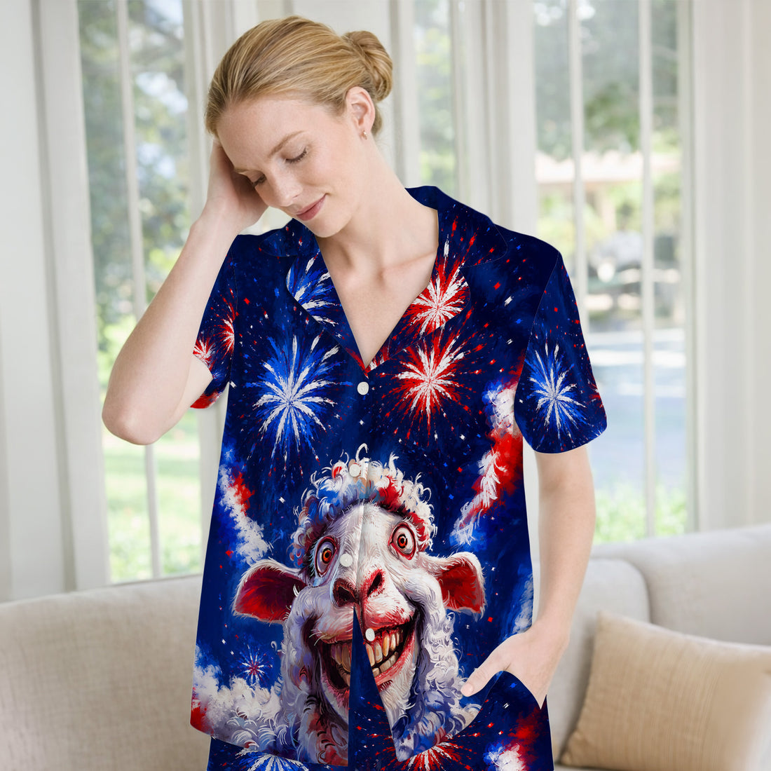 Funny Patriotic Sheep Fireworks Print Pajama Set, Soft Breathable Fabric Comfortable Sleepwear