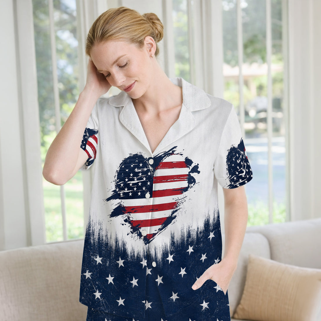 Patriotic Nurse Adorable Scrub Top USA Heart Pattern Pajama Set, Soft Breathable Fabric Comfortable Sleepwear
